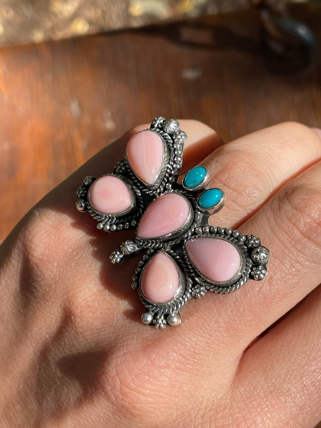 Pink Conch & Turquoise Butterfly Ring | Sterling Silver 925 | Size 6 B375