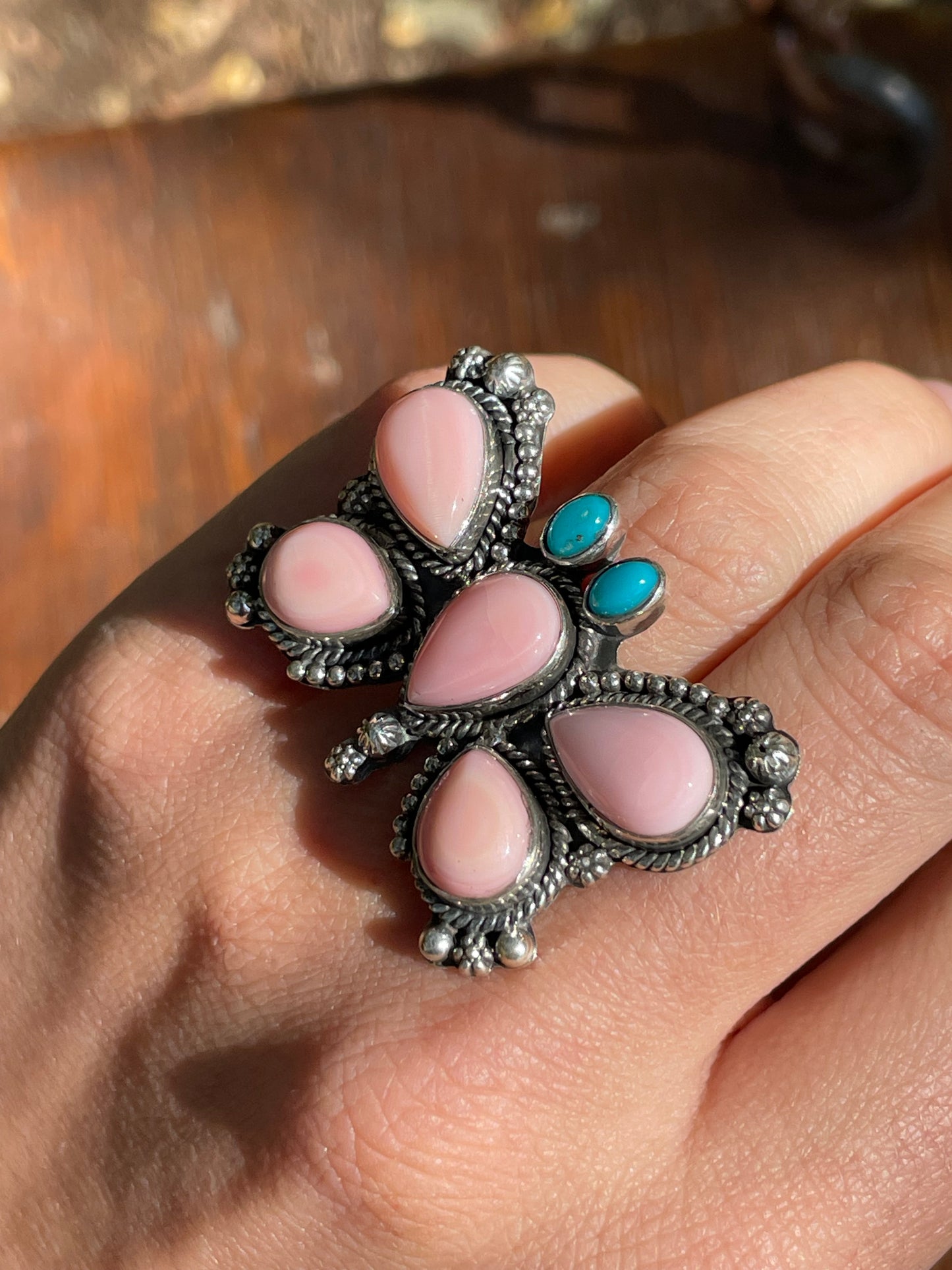 Pink Conch & Turquoise Butterfly Ring | Sterling Silver 925 | Size 6 B375