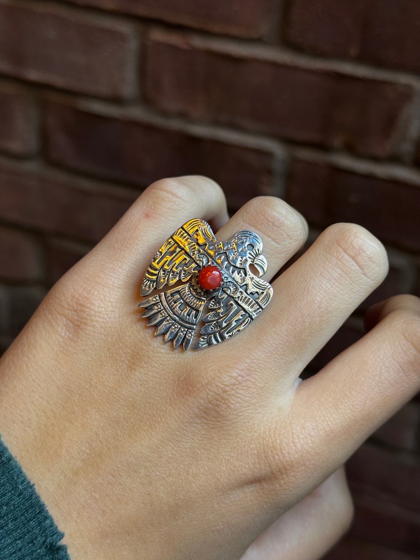Coral Thunderbird Ring Size 6.5 | 925 Sterling Silver C411