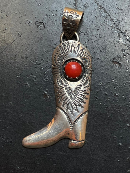 Italian Coral Cowboy Boot Pendant | Sterling Silver G438
