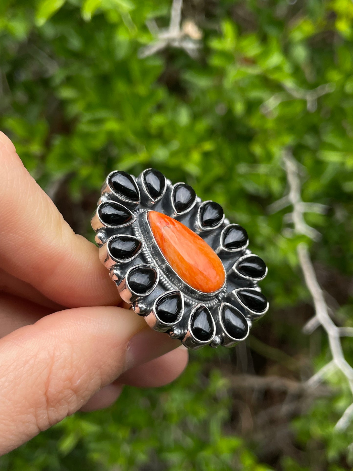 Spiny Oyster Black Onyx Flower Ring Size 7 | 925 Sterling Silver B640