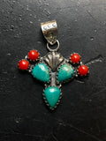 Turquoise Coral Cactus Cross Pendant | Sterling Silver E699