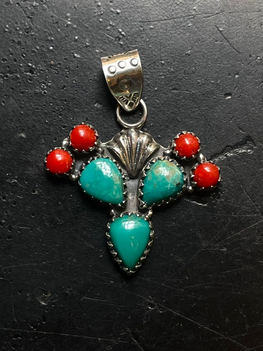 Turquoise Coral Cactus Cross Pendant | Sterling Silver E699