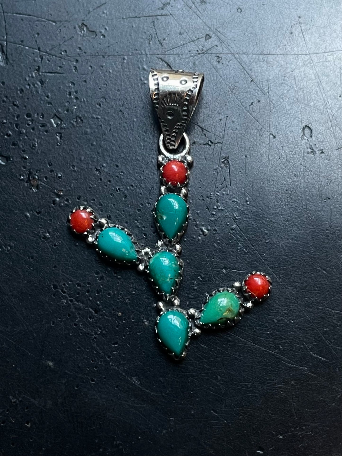 Turquoise Coral Cactus Pendant | 925 Sterling Silver E521