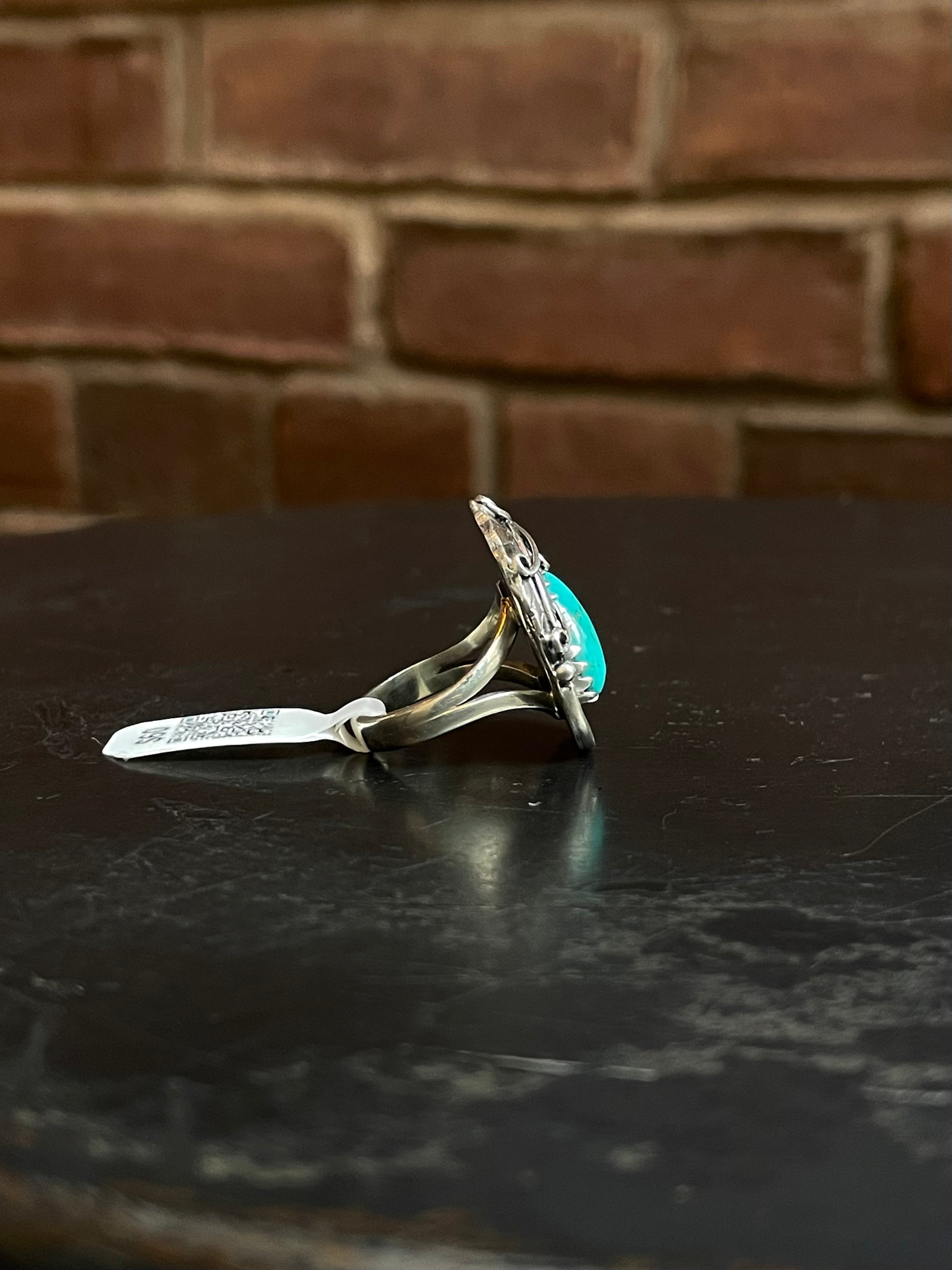 Kingman Turquoise Leaf Ring | Sterling Silver | Size 6.5 | A034