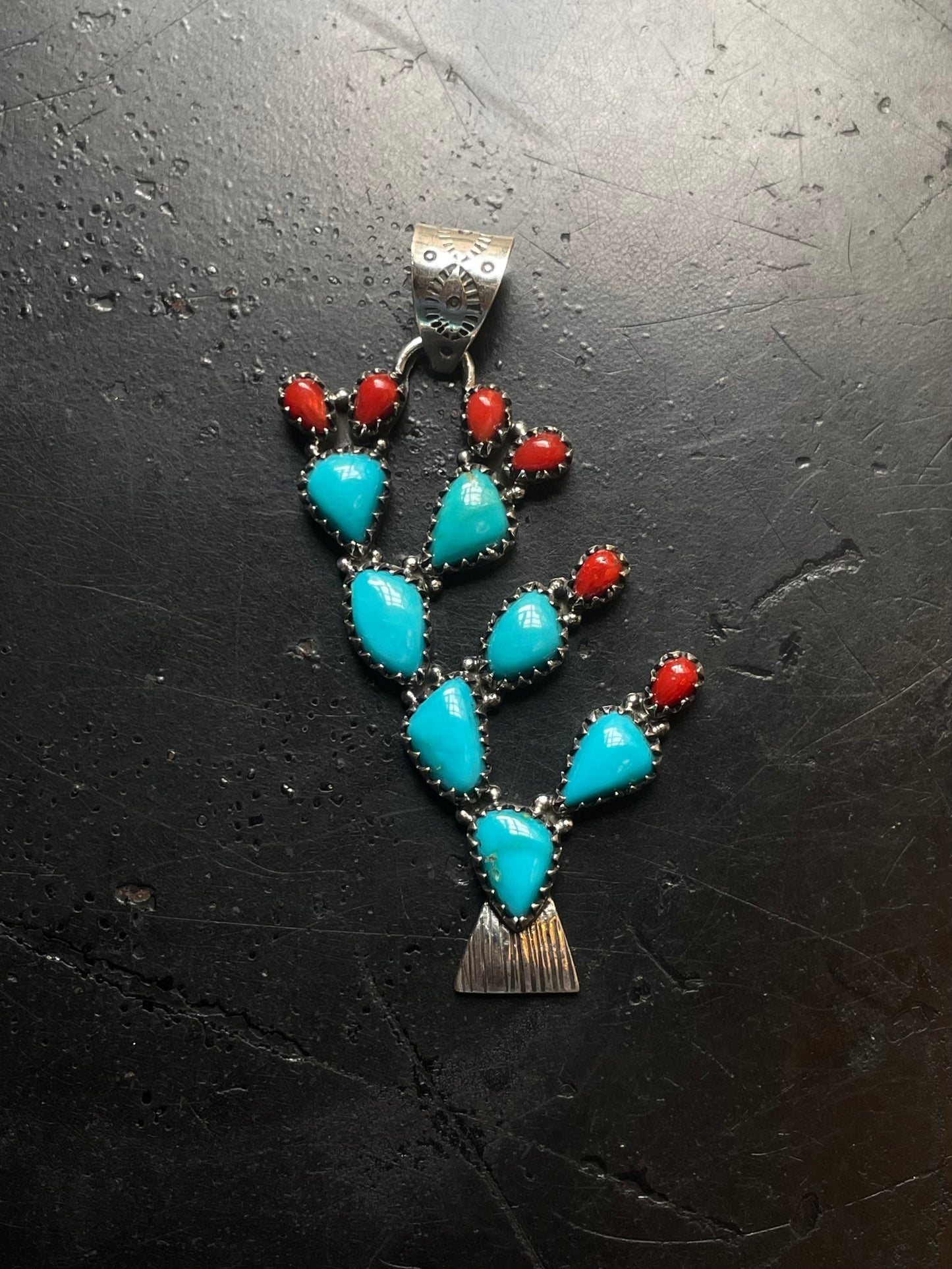 Turquoise Coral Cactus Pendant | Sterling Silver E715