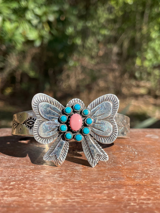 Pink Conch Turquoise Bow Cuff Bracelet | 925 Sterling Silver D115
