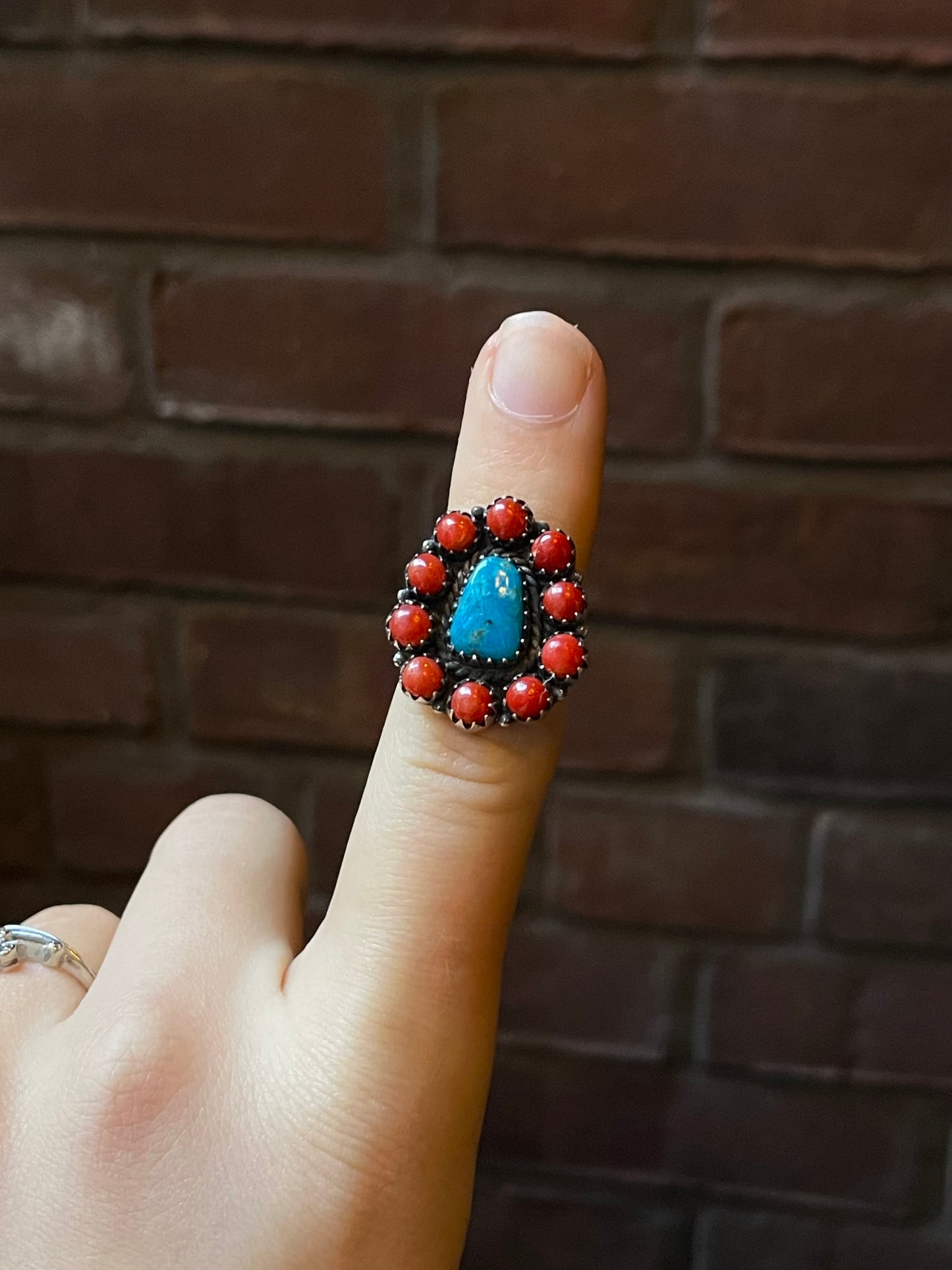 Kingman Turquoise Coral Cluster Ring | Sterling Silver | Size 6 | A168