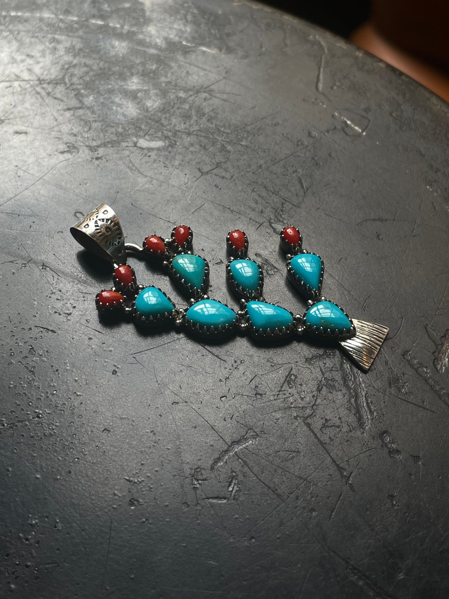 Turquoise Coral Cactus Pendant | Sterling Silver E715