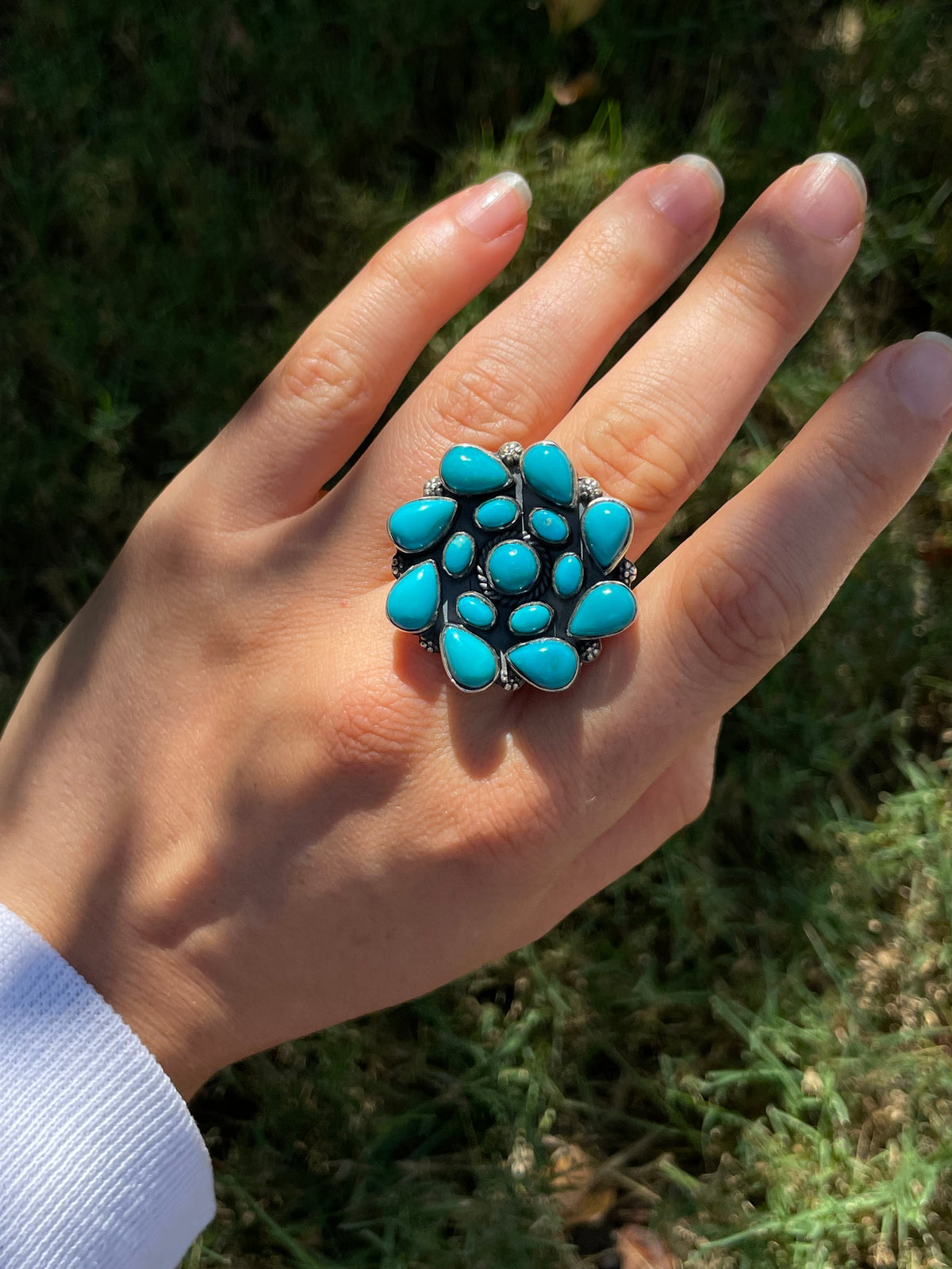 Turquoise Dahlia Cluster Ring Size 8 | 925 Sterling Silver D314