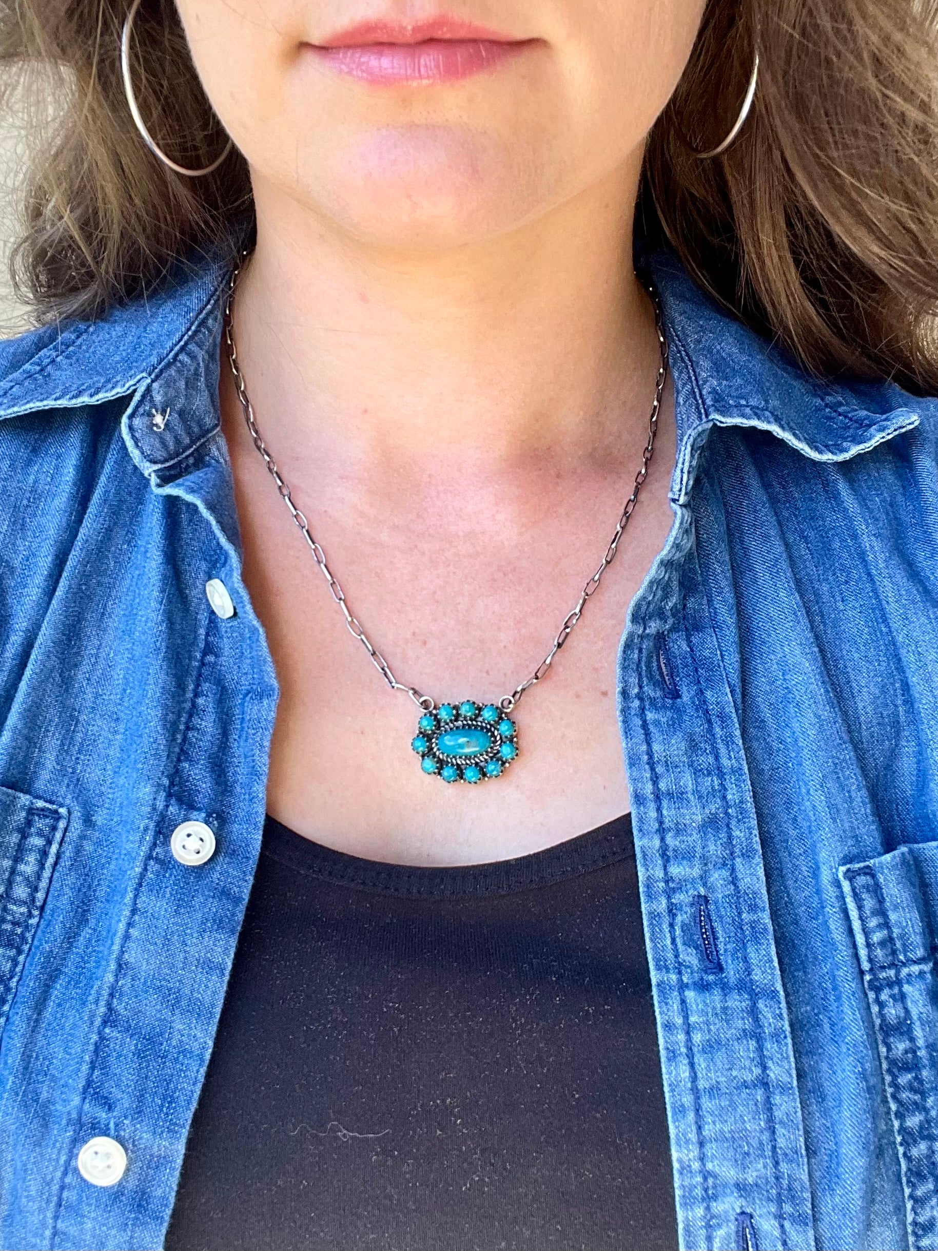 Kingman Turquoise Cluster Necklace | 925 Sterling Silver D198