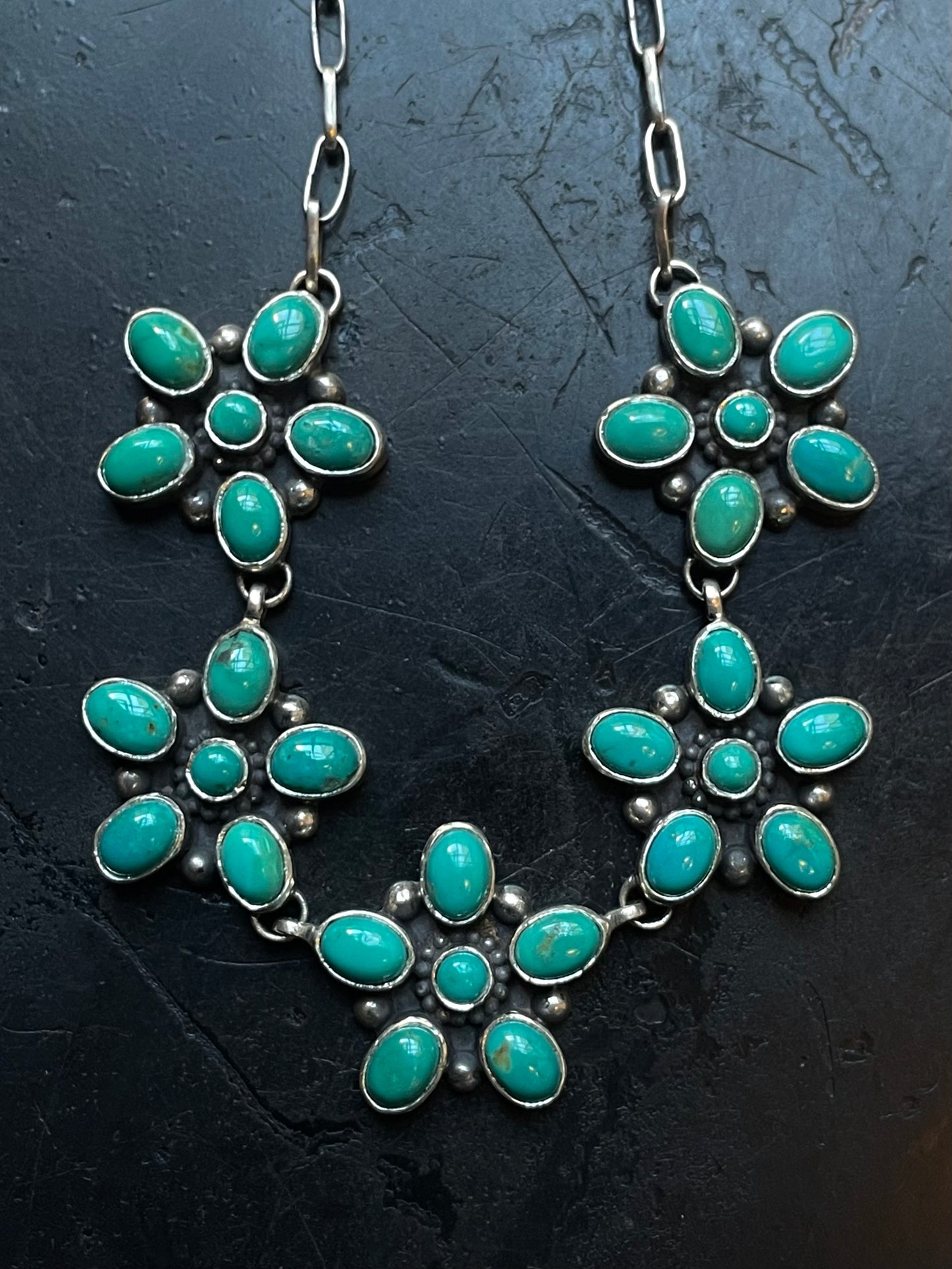 Kingman Turquoise Flower Cluster Necklace | 925 Sterling Silver E633