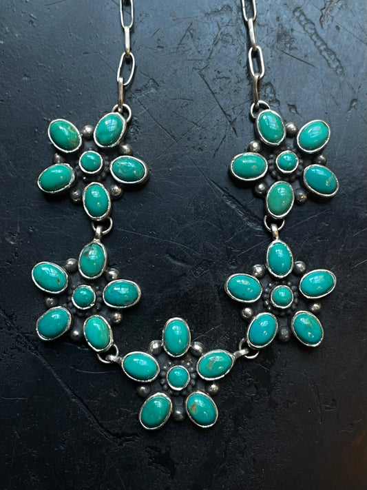 Kingman Turquoise Flower Cluster Necklace | 925 Sterling Silver E633