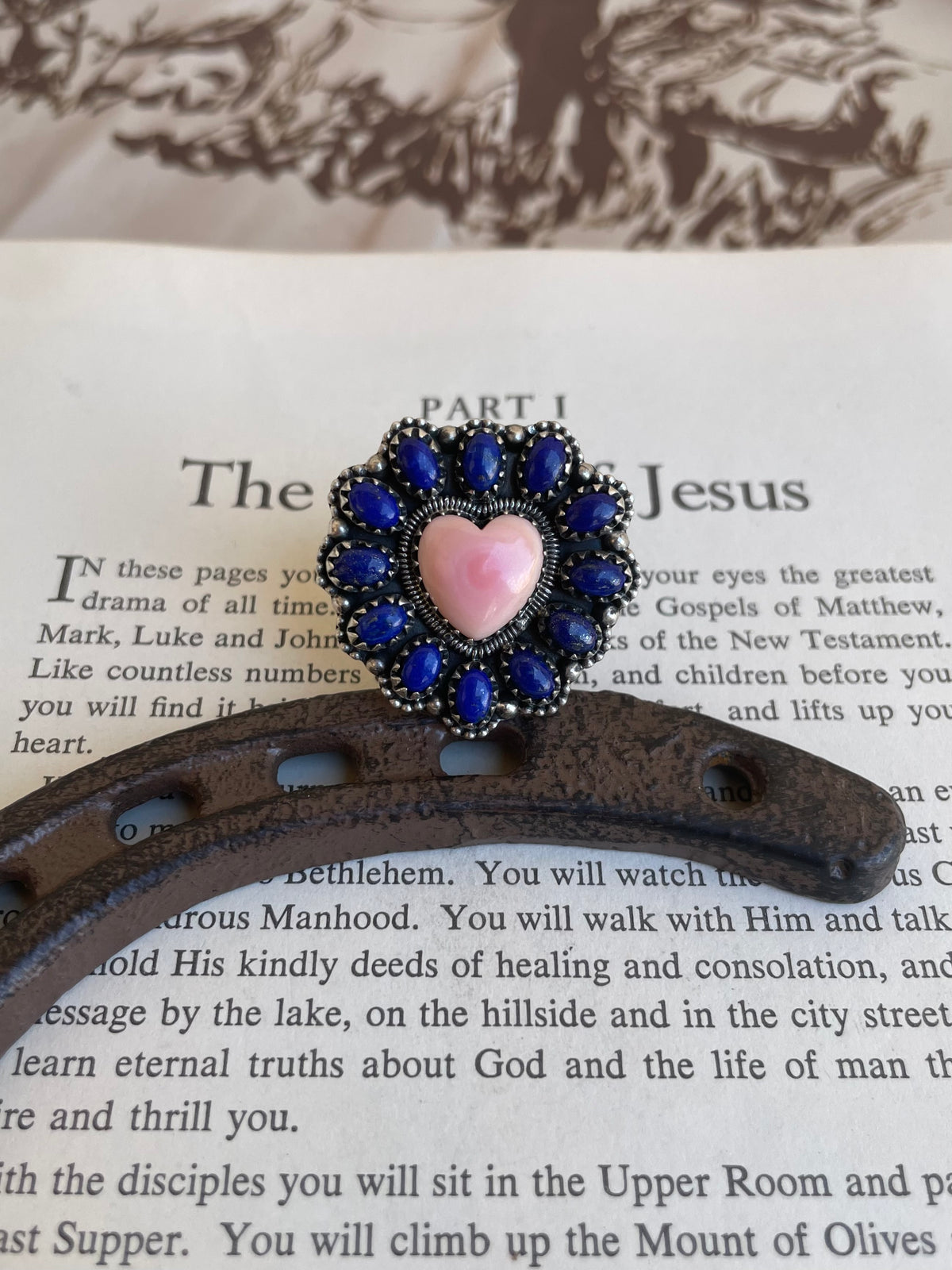 Lapis & Pink Conch Heart Ring | 925 Sterling Silver | Size 7.25 G830