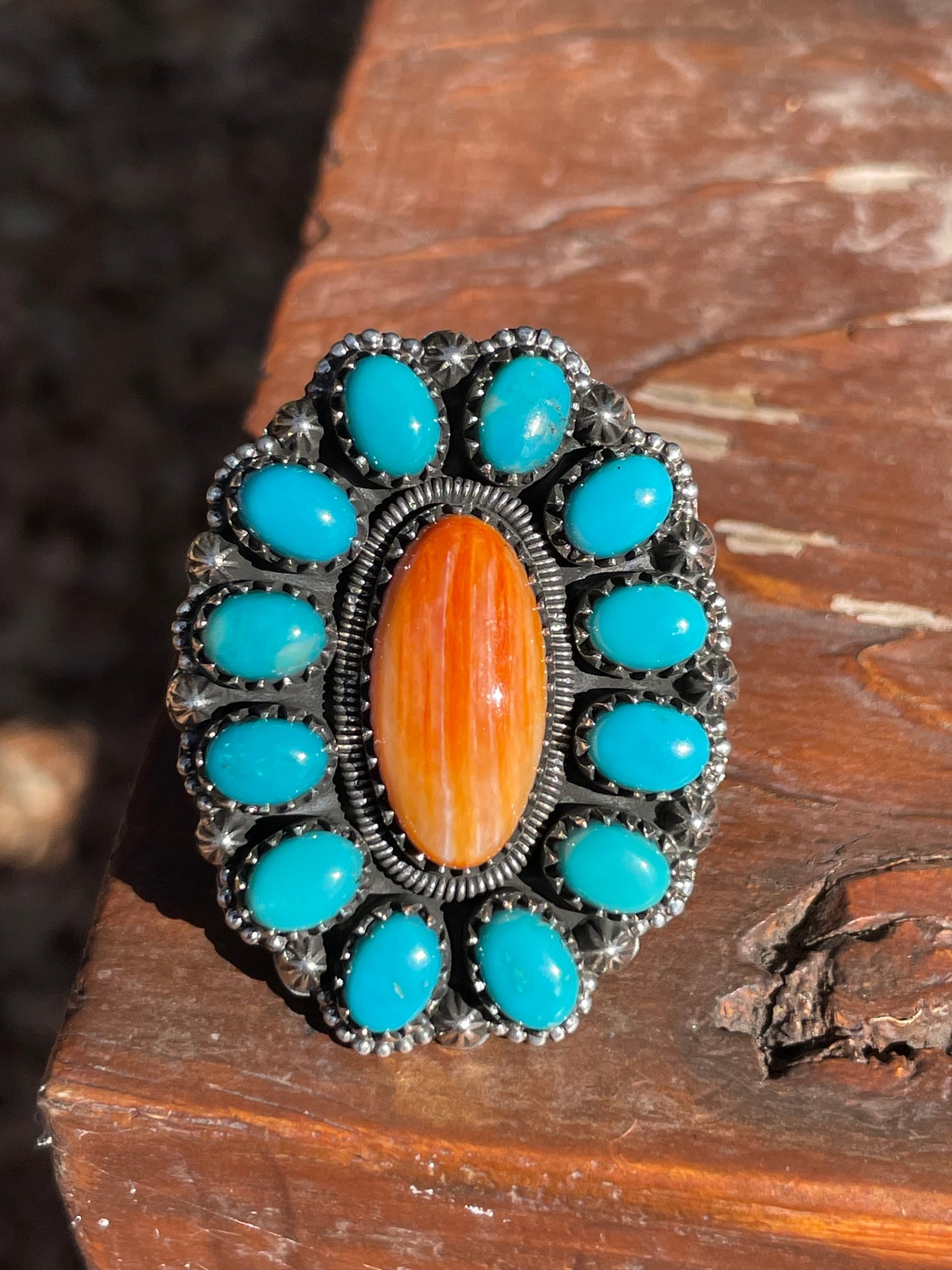 Spiny Oyster Kingman Turquoise Cluster Ring Size 6 | 925 Sterling Silver B999