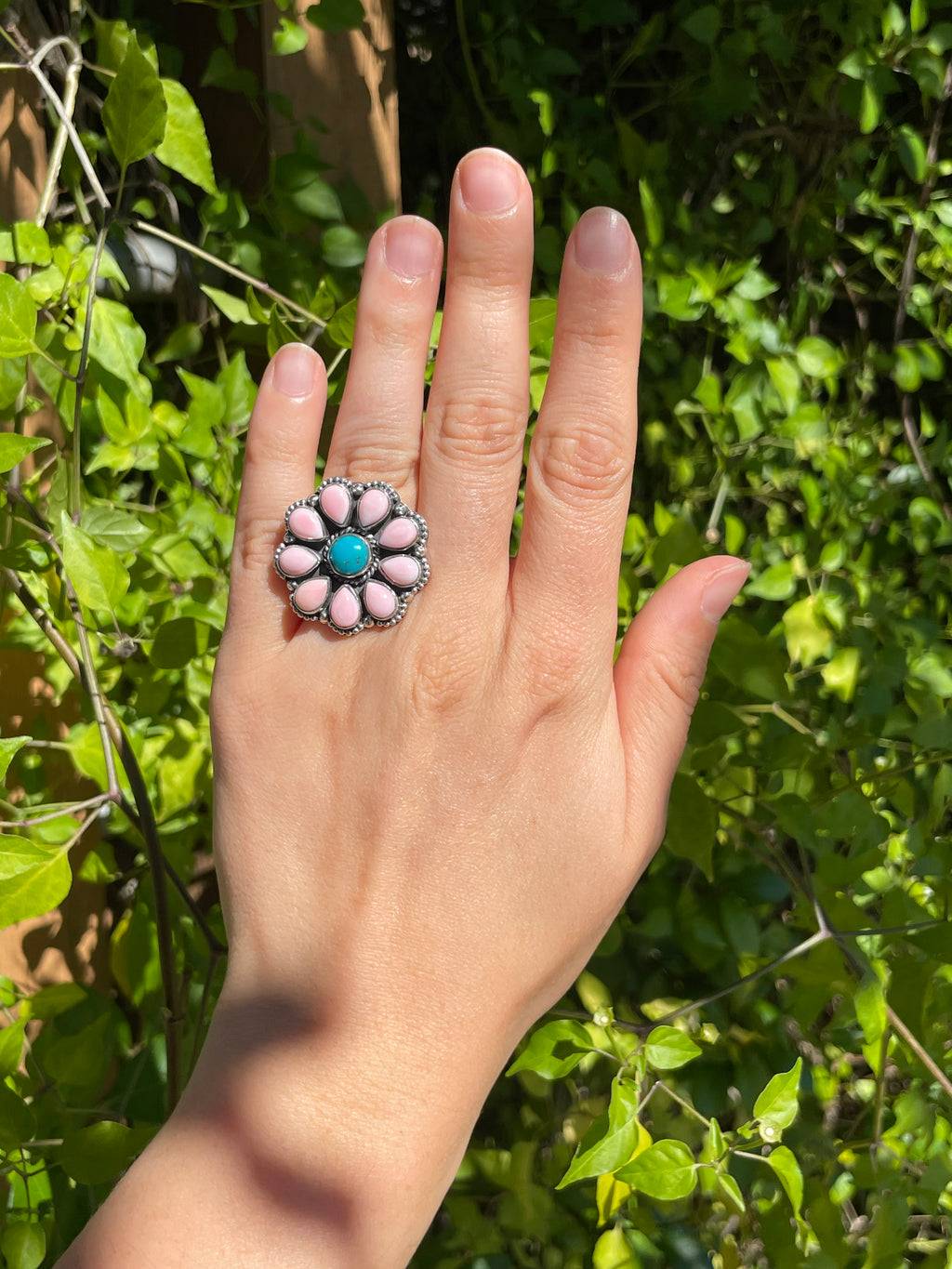 Pink Conch and Turquoise Flower Ring | 925 Sterling Silver | Size 6 B296