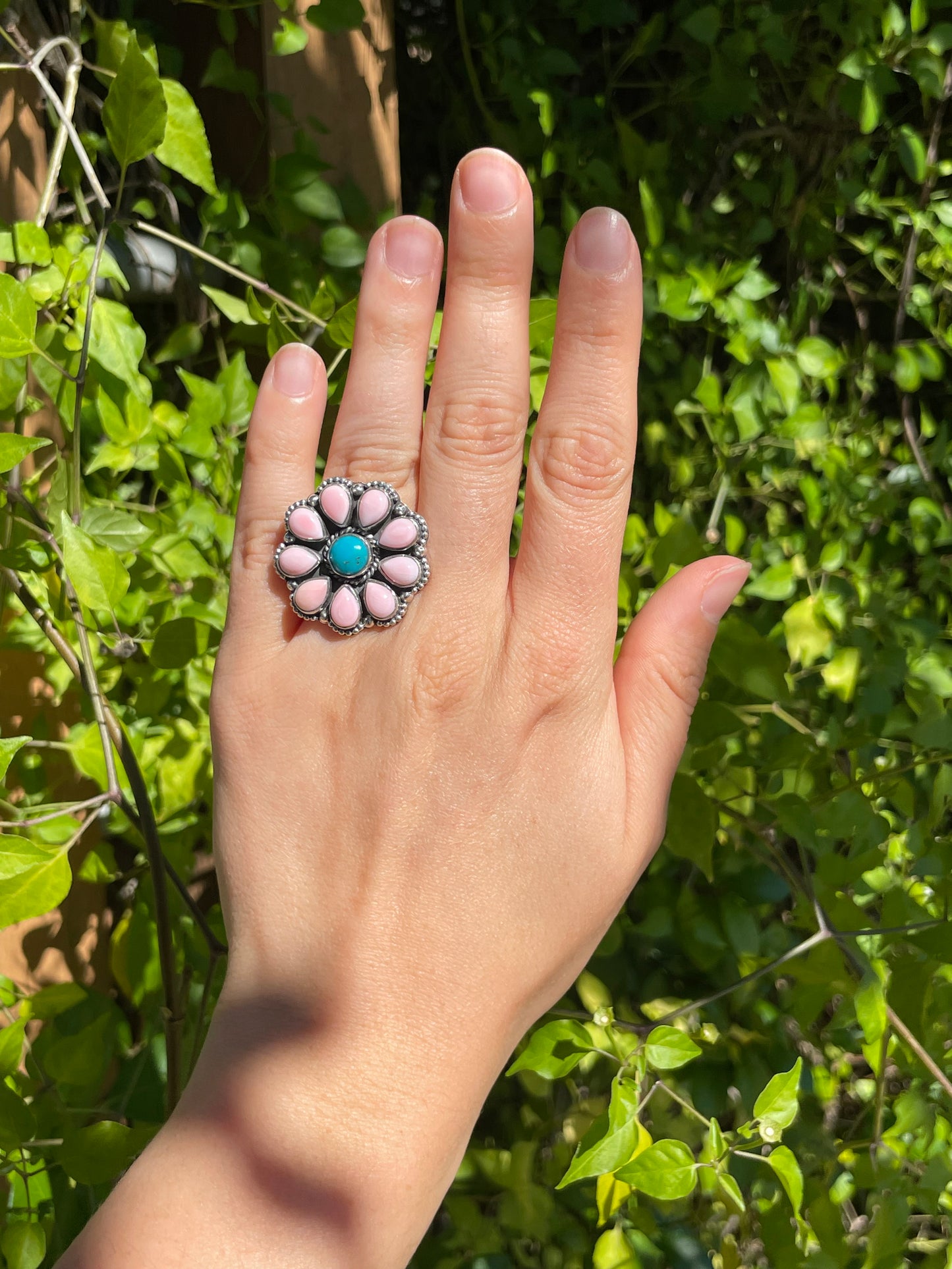 Pink Conch and Turquoise Flower Ring | 925 Sterling Silver | Size 6 B296