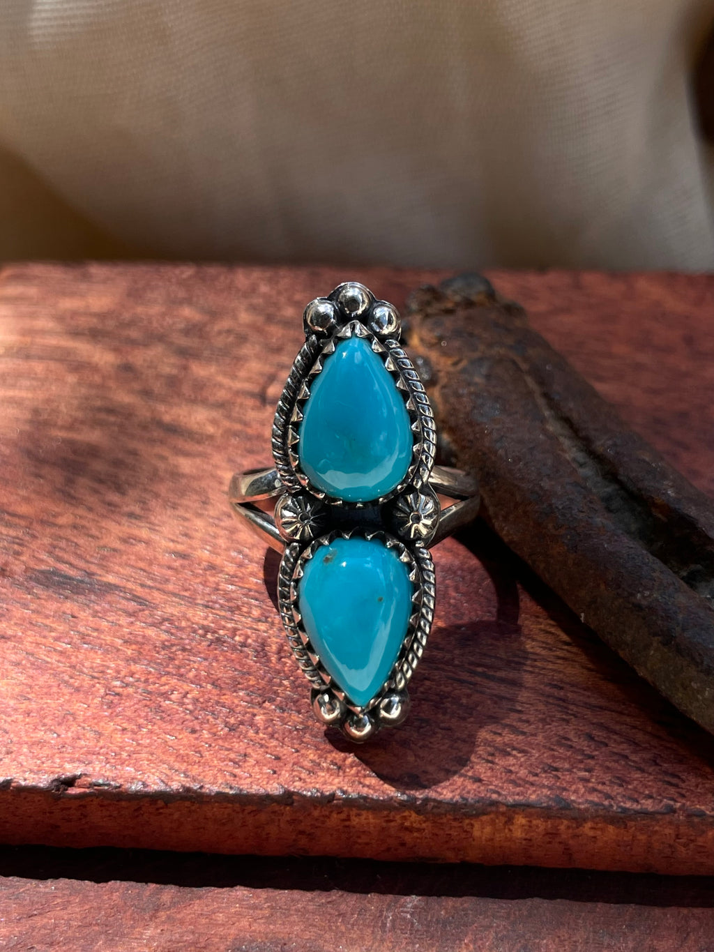 Turquoise Double Stone Ring Size 6 | 925 Sterling Silver C957