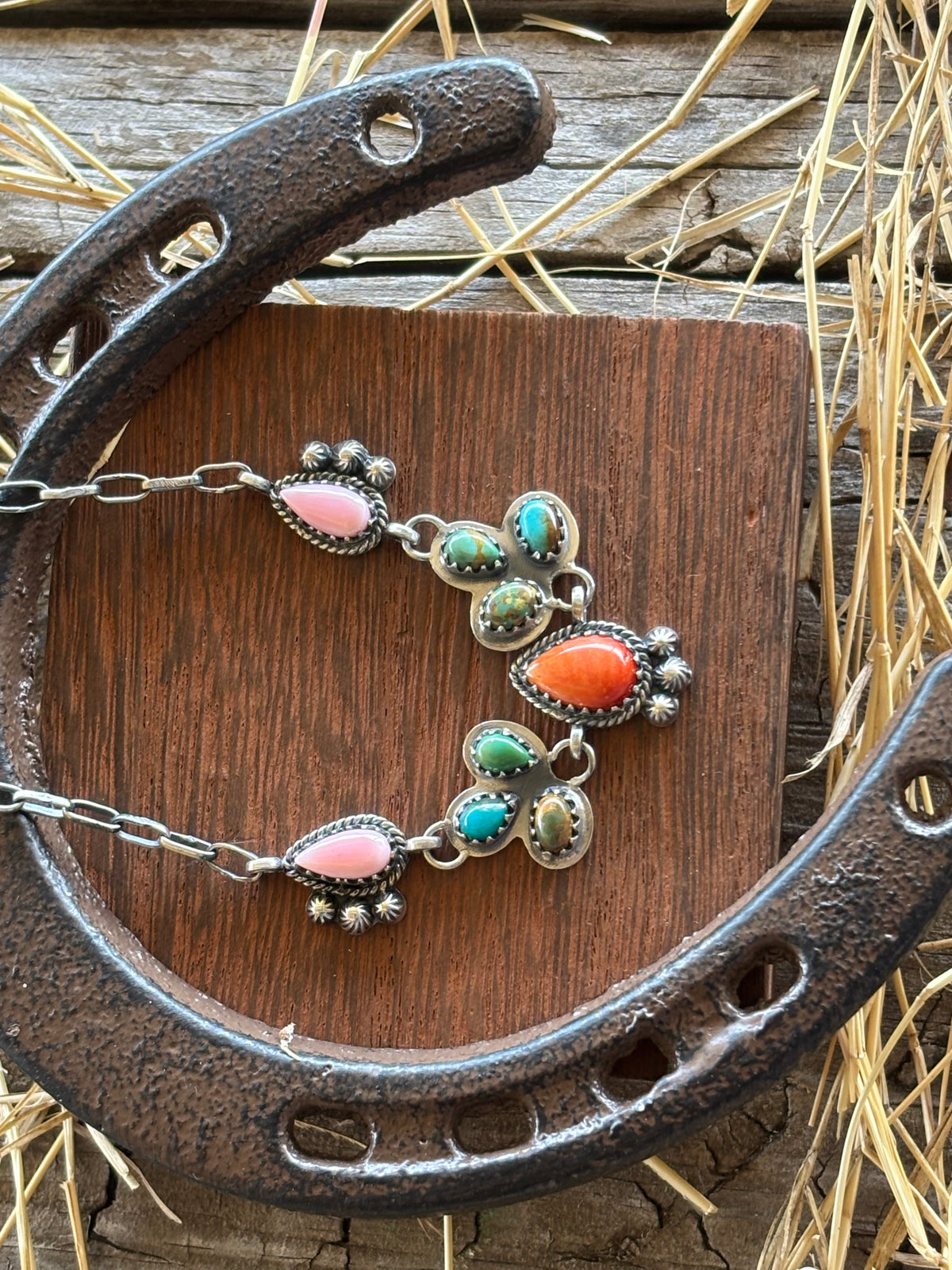Pink Conch & Turquoise Multistone Necklace | 925 Sterling Silver Z38
