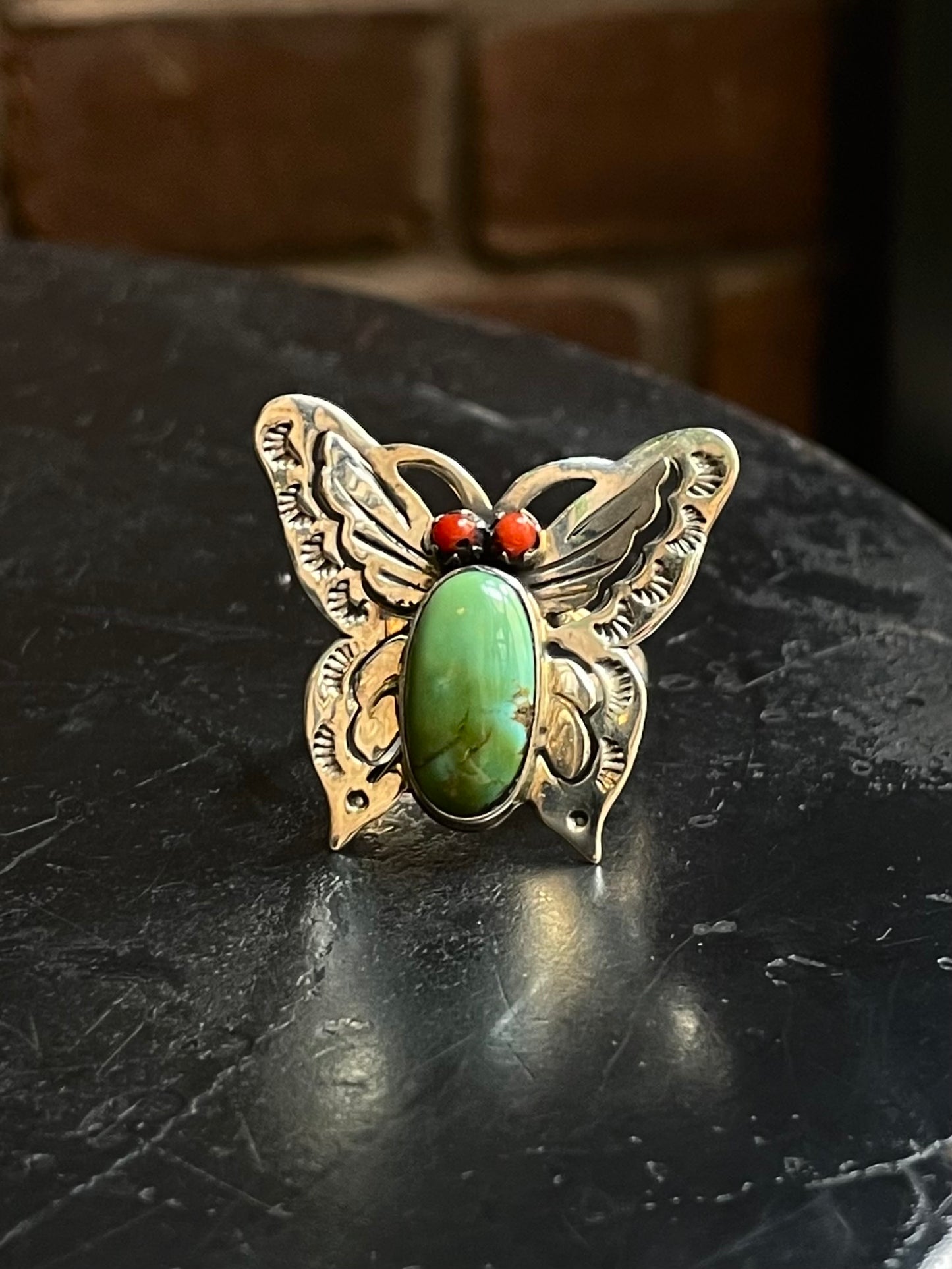 Turquoise & Coral Butterfly Ring | 925 Sterling Silver | Size 8 E297