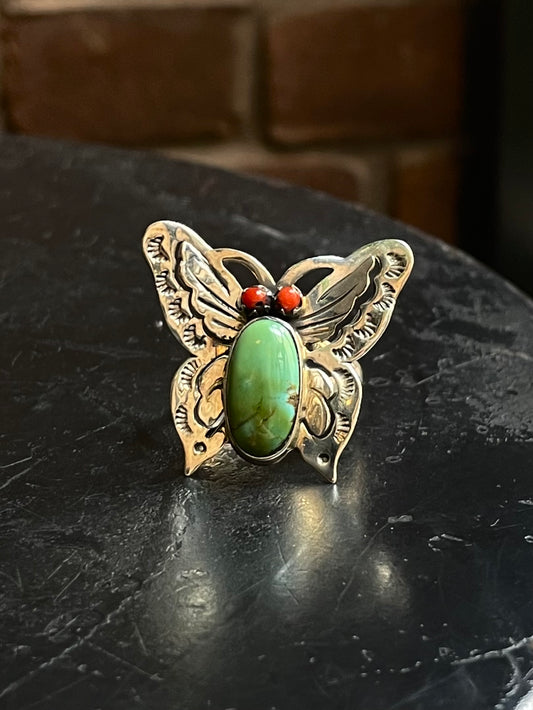 Turquoise & Coral Butterfly Ring | 925 Sterling Silver | Size 8 E297