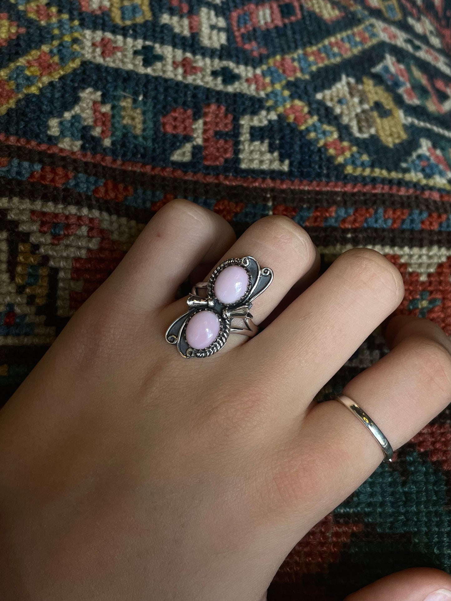 Pink Conch Squash Blossom Double Stone Ring | Sterling Silver 925 Size 7 C728
