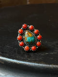 Kingman Turquoise Coral Cluster Ring | Sterling Silver | Size 7 | A160