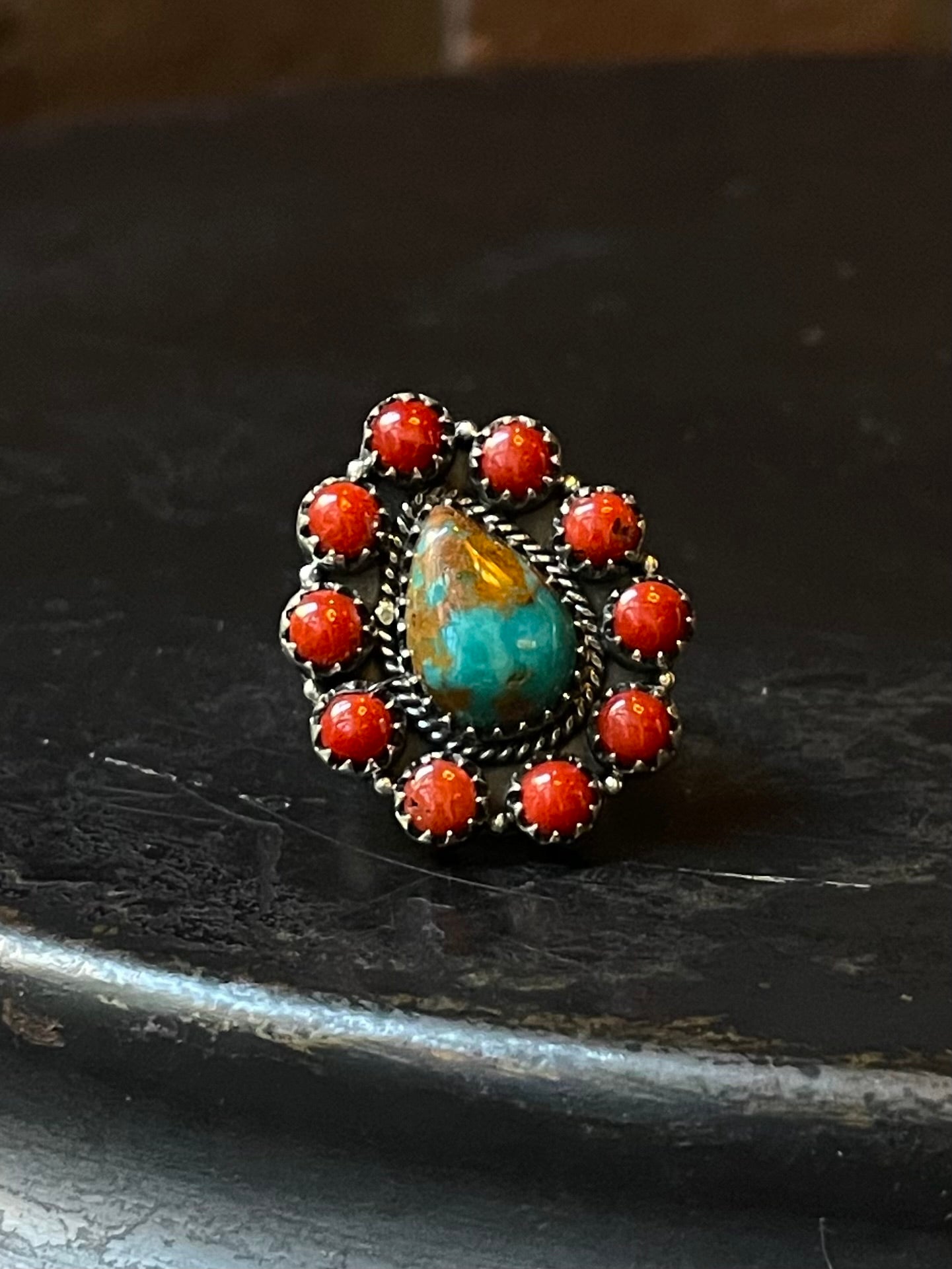 Kingman Turquoise Coral Cluster Ring | Sterling Silver | Size 7 | A160