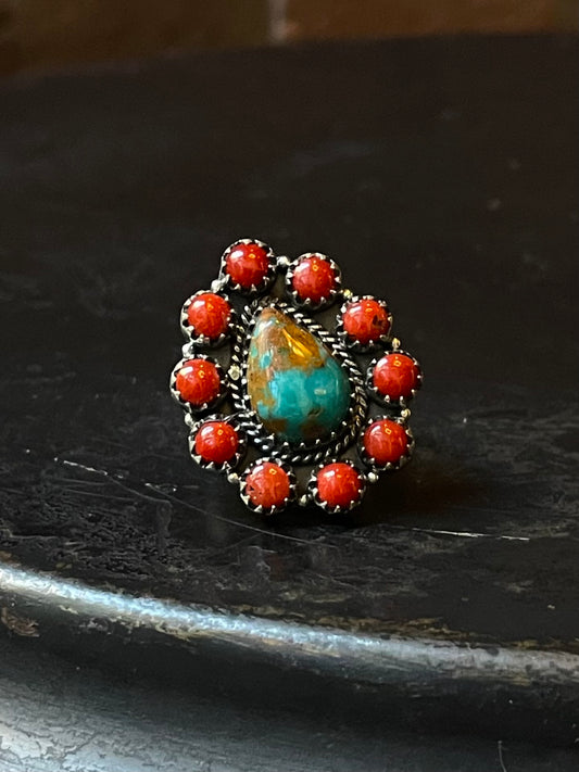 Kingman Turquoise Coral Cluster Ring | Sterling Silver | Size 7 | A160