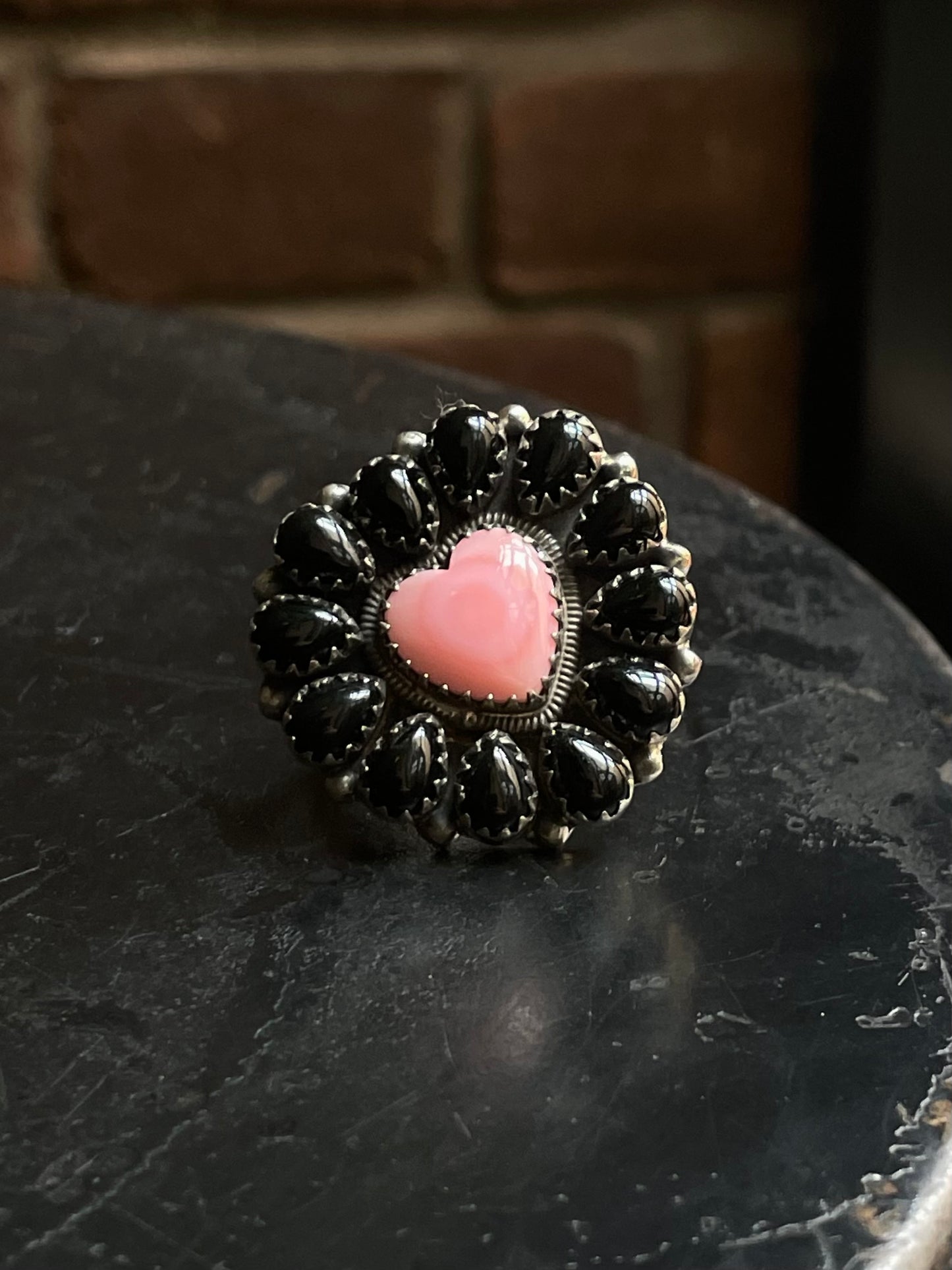 Pink Conch & Black Onyx Cluster Ring | 925 Sterling Silver | Size 9 E310