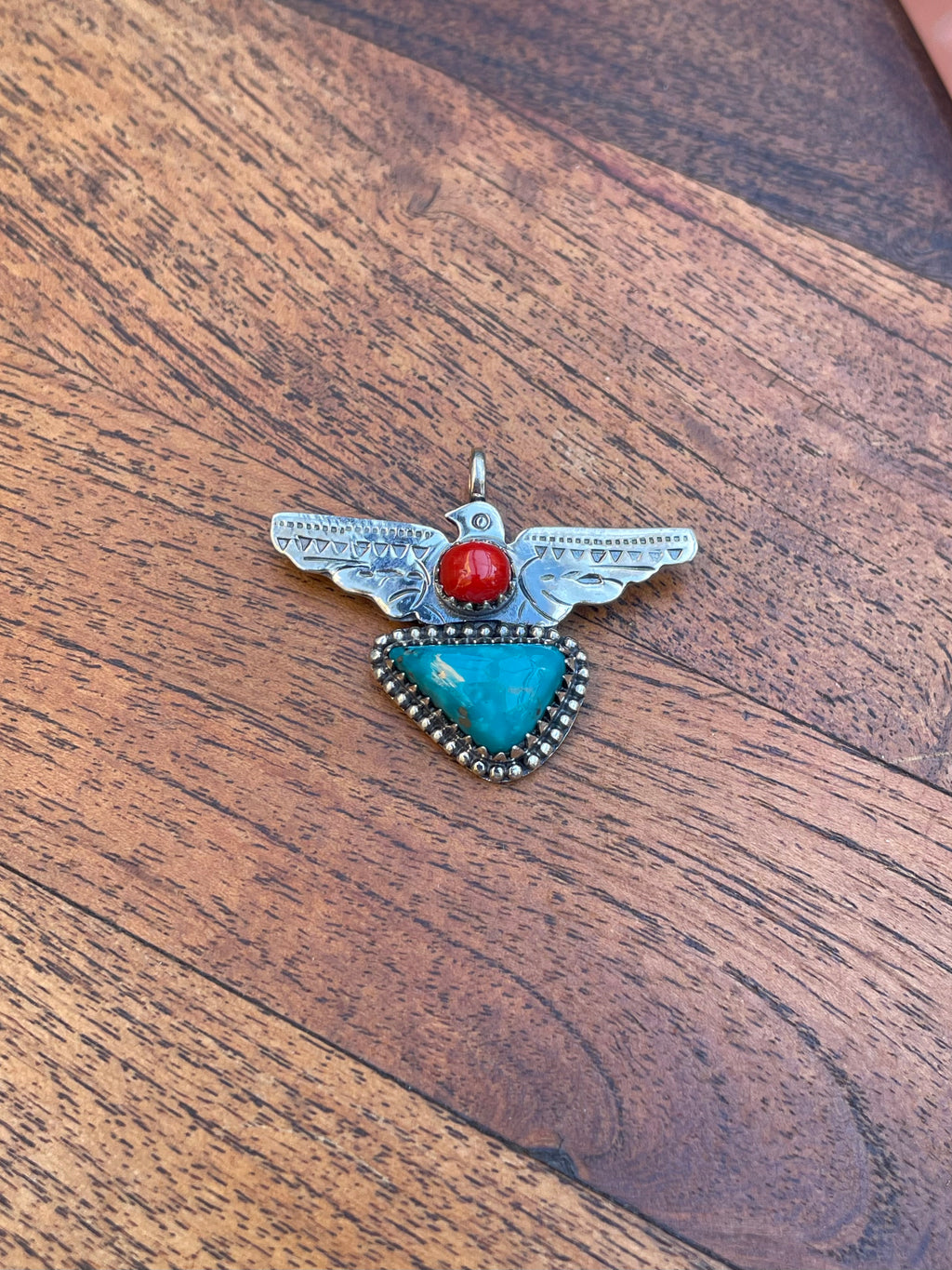 Turquoise & Coral Thunderbird Pendant | 925 Sterling Silver C820