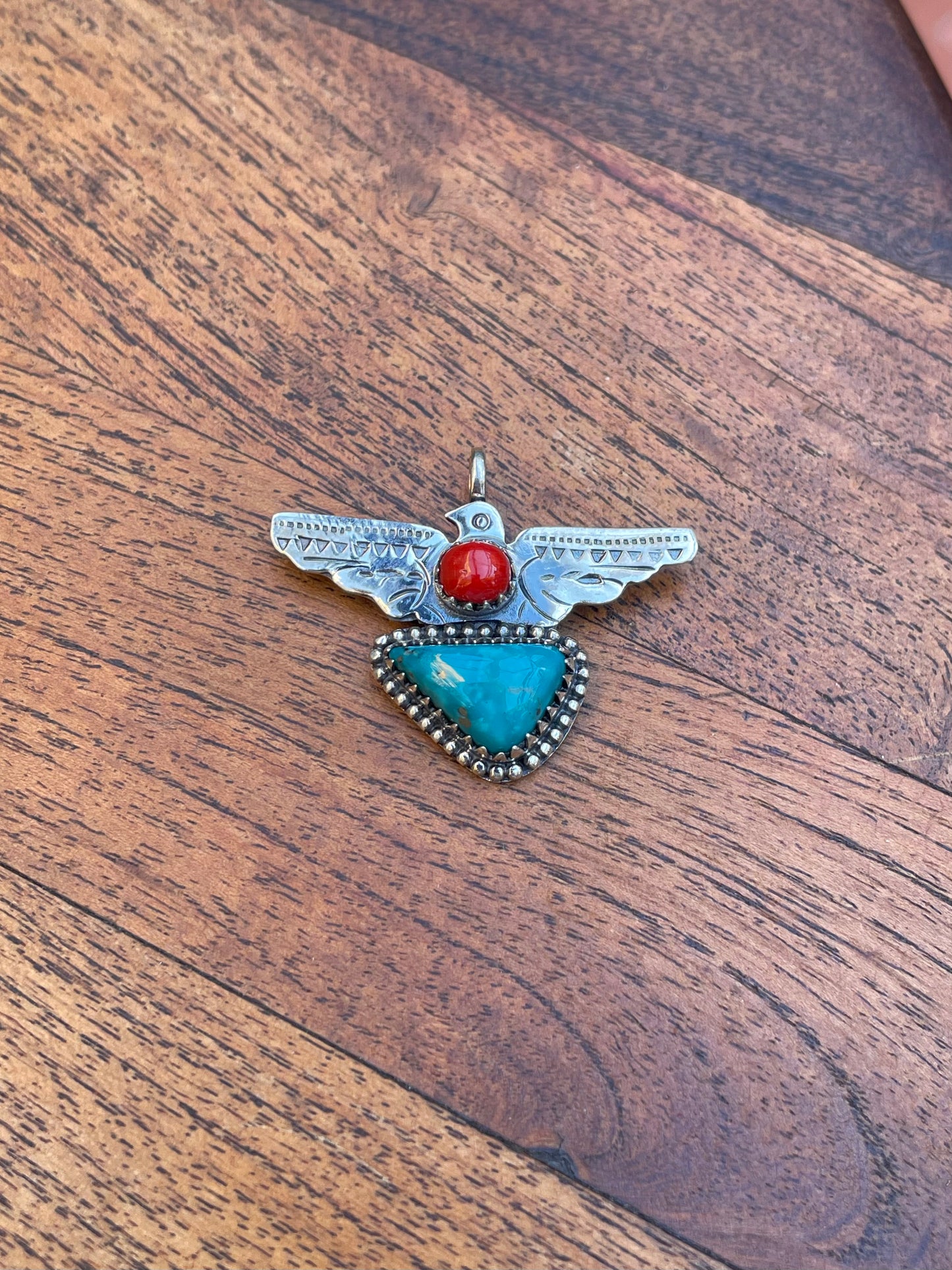 Turquoise & Coral Thunderbird Pendant | 925 Sterling Silver C820