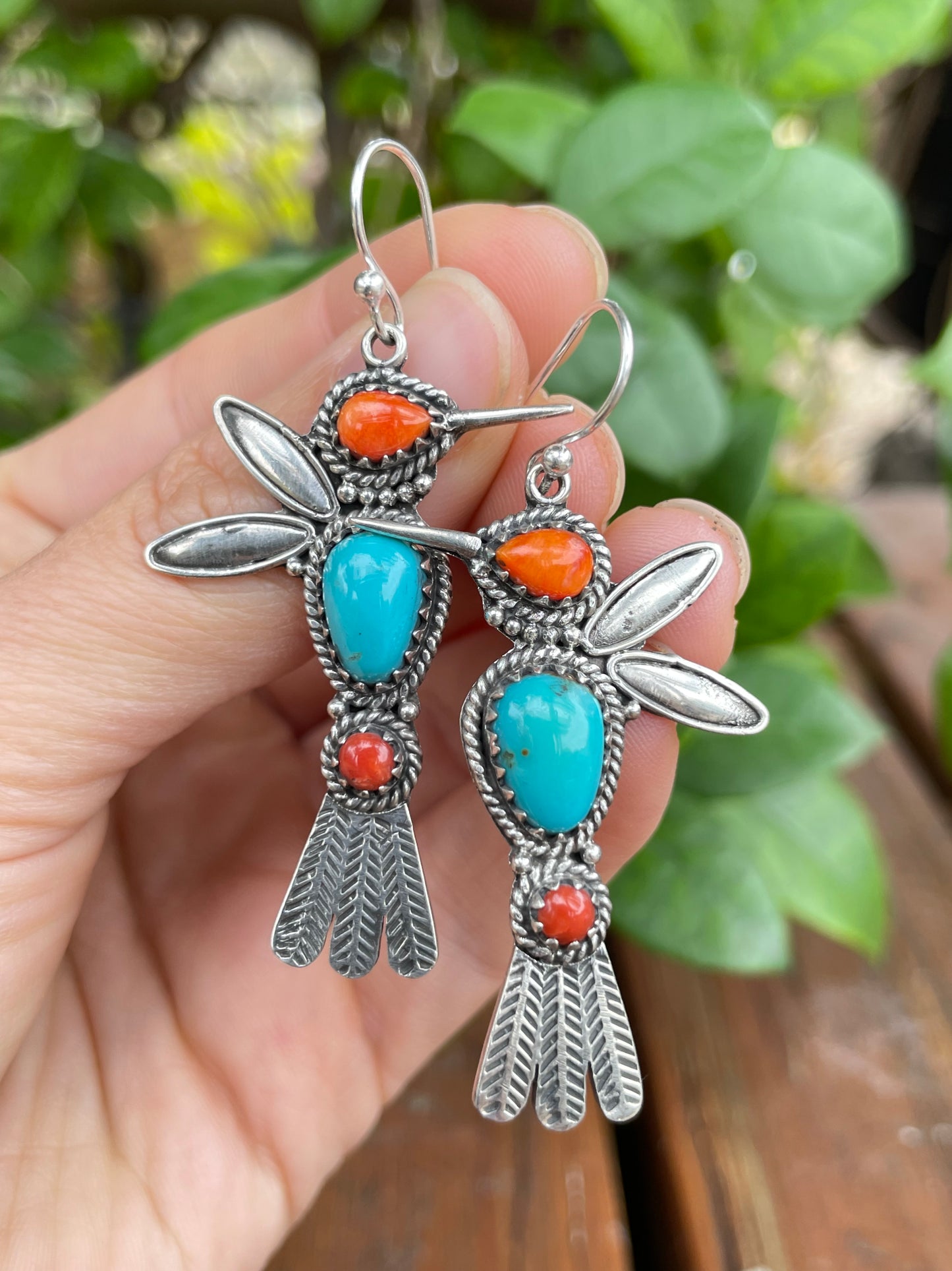 Turquoise Coral Spiny Oyster Hummingbird Earrings | Sterling Silver B952