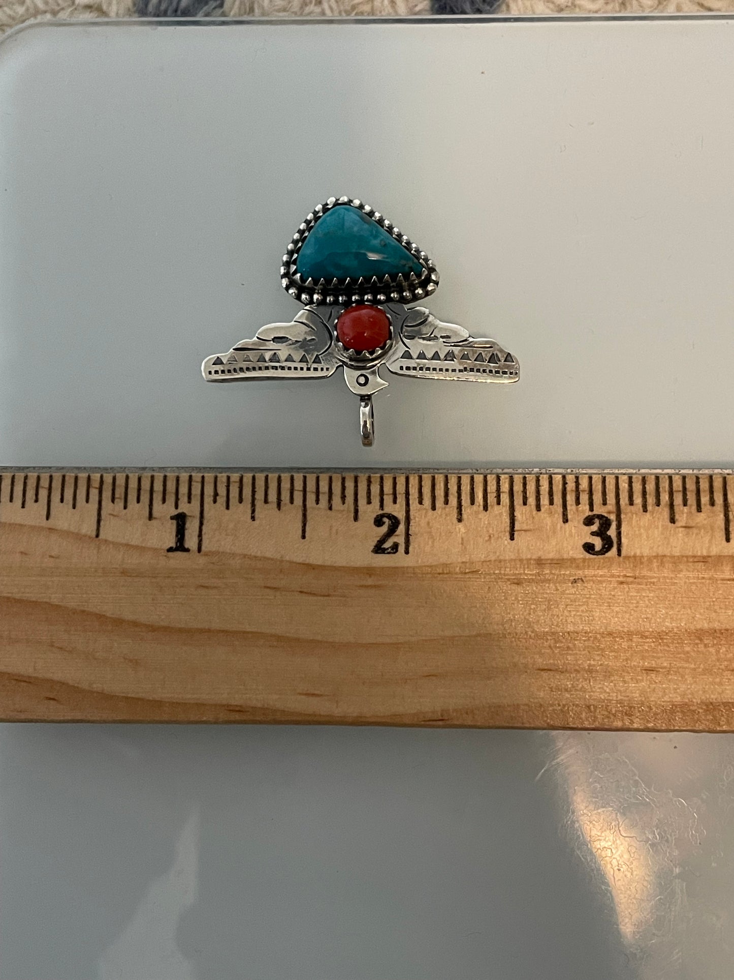 Turquoise & Coral Thunderbird Pendant | 925 Sterling Silver C820