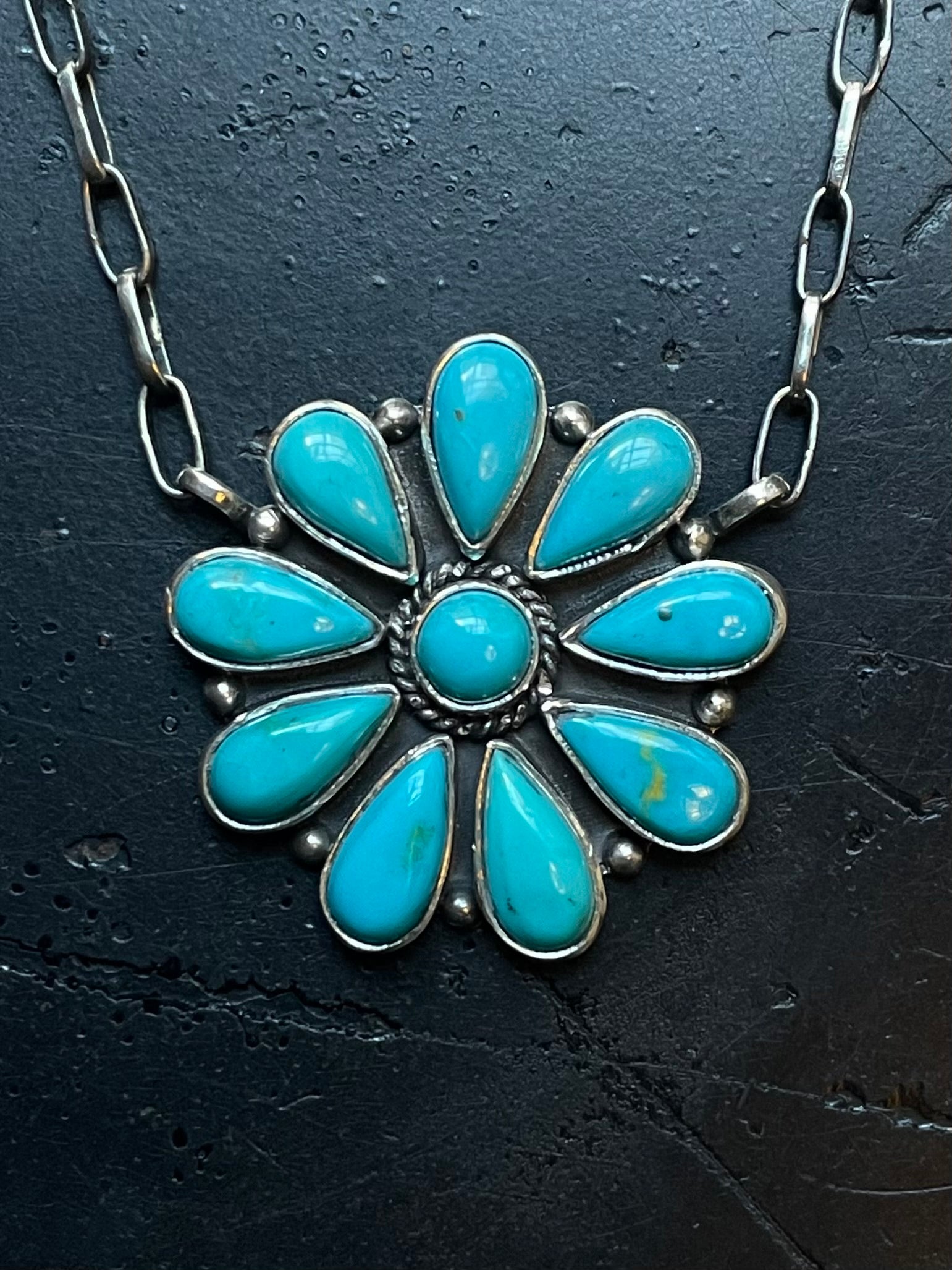 Kingman Turquoise Flower Cluster Necklace | 925 Sterling Silver E604