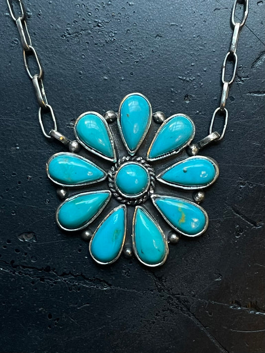 Kingman Turquoise Flower Cluster Necklace | 925 Sterling Silver E604