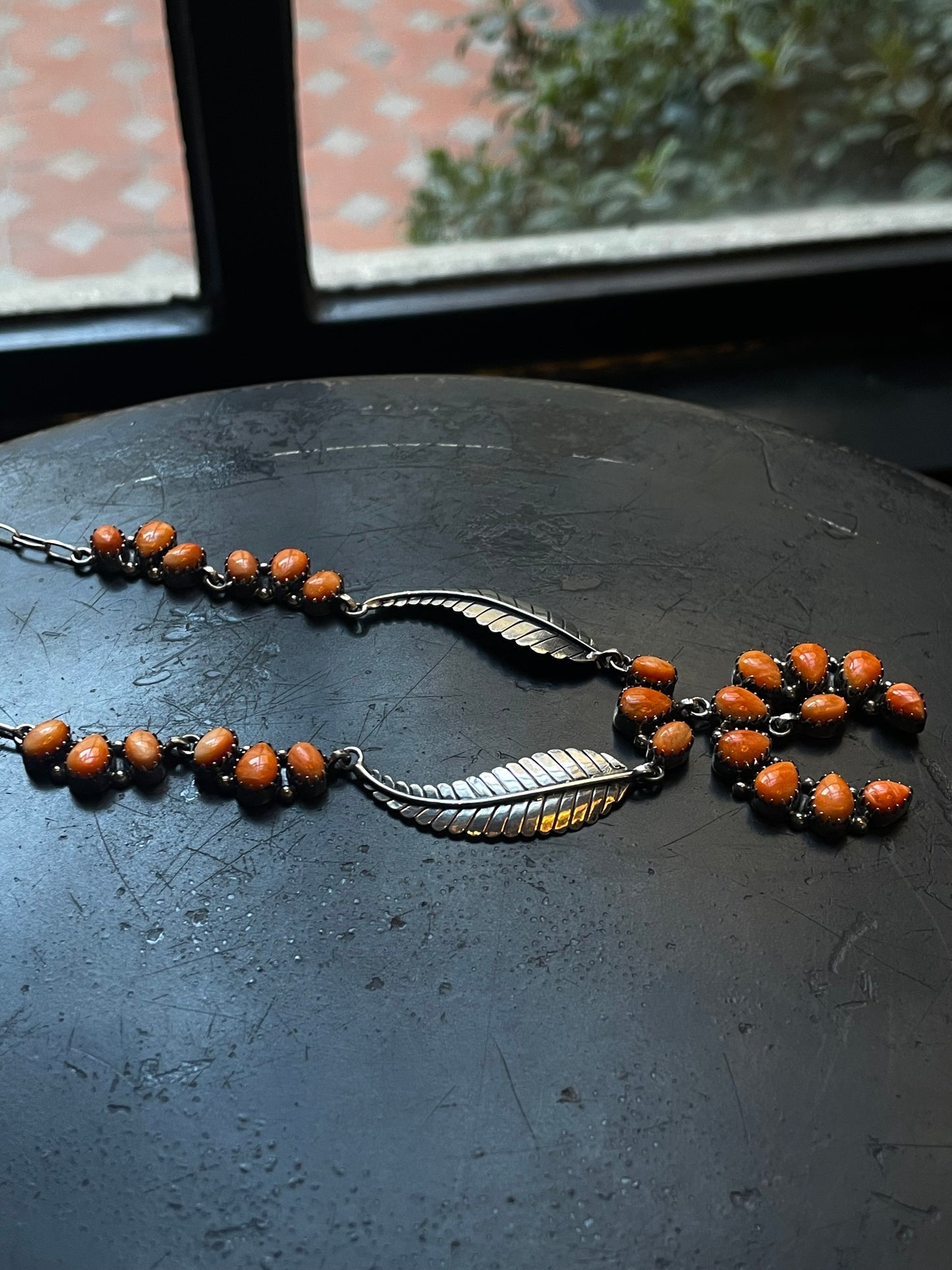 Orange Spiny Oyster Feather Naja Necklace | 925 Sterling Silver E602