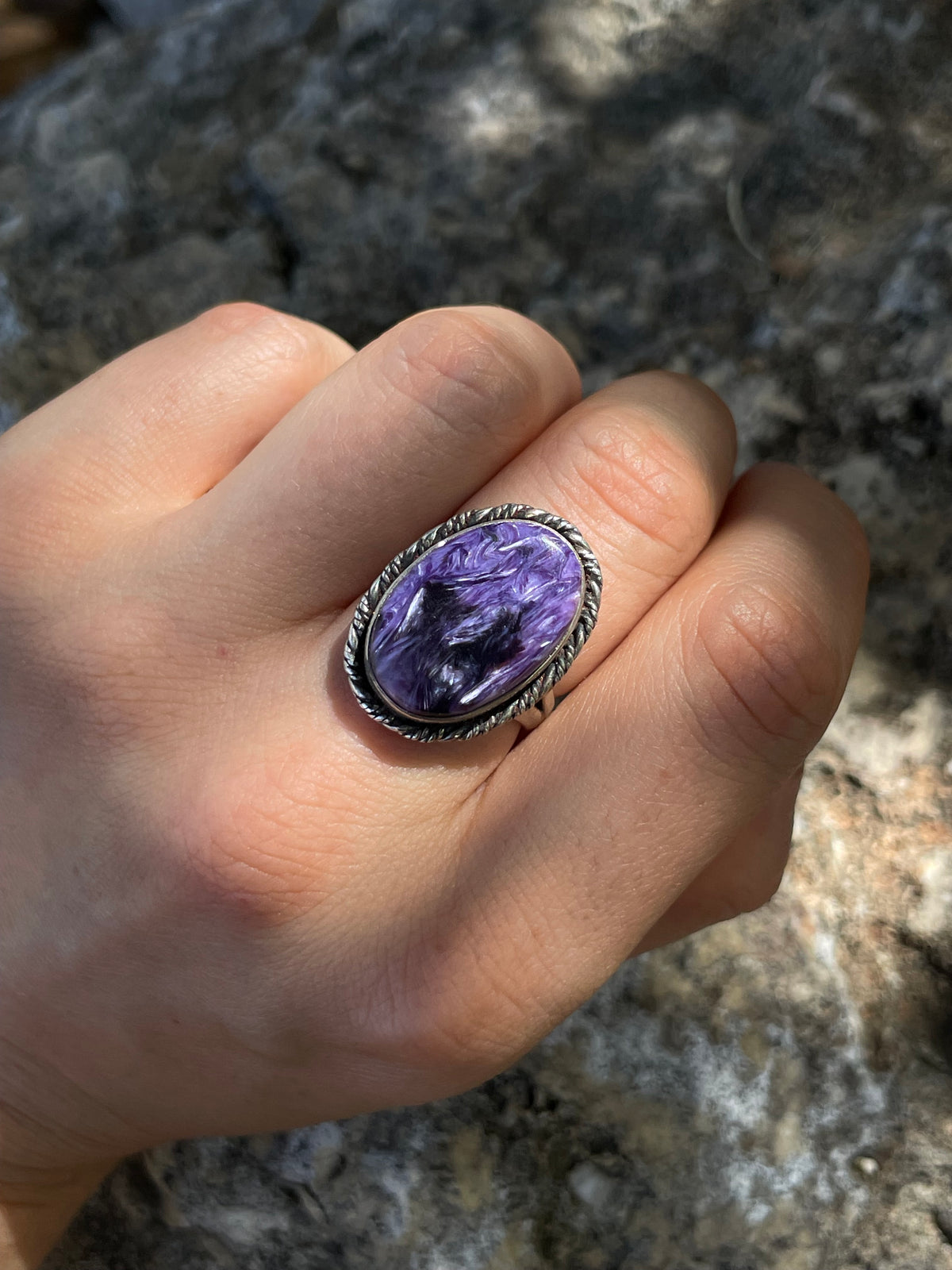 Charoite Oval Statement Ring Size 7 | 925 Sterling SilverD262