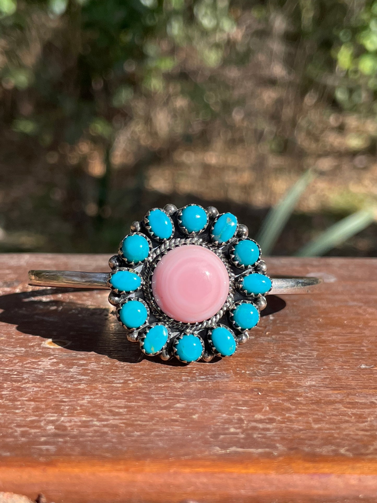 Pink Conch Turquoise Cluster Cuff Bracelet | 925 Sterling Silver D113