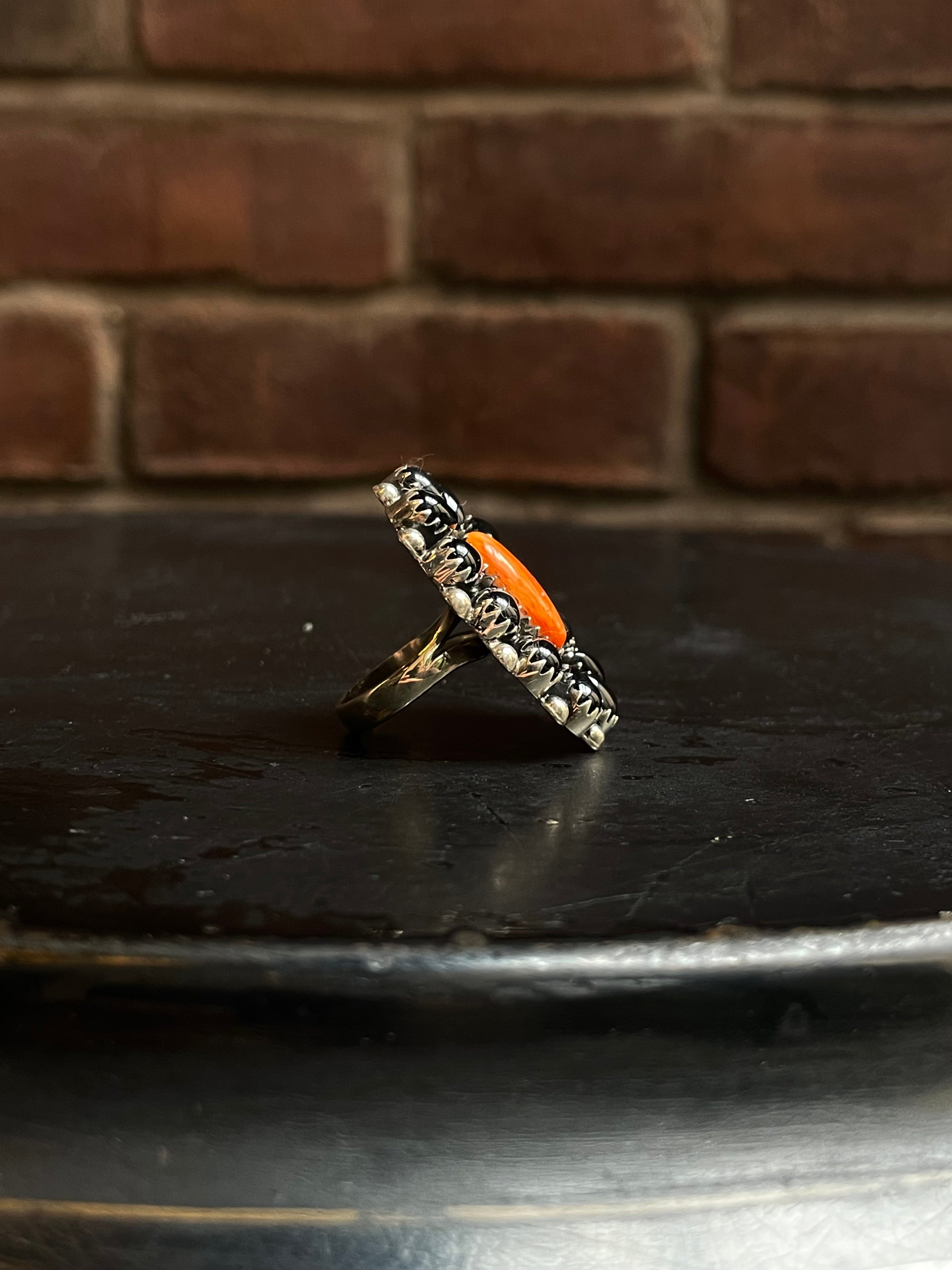 Spiny Oyster Black Onyx Cluster Ring Size 7.5 | 925 Sterling Silver E155