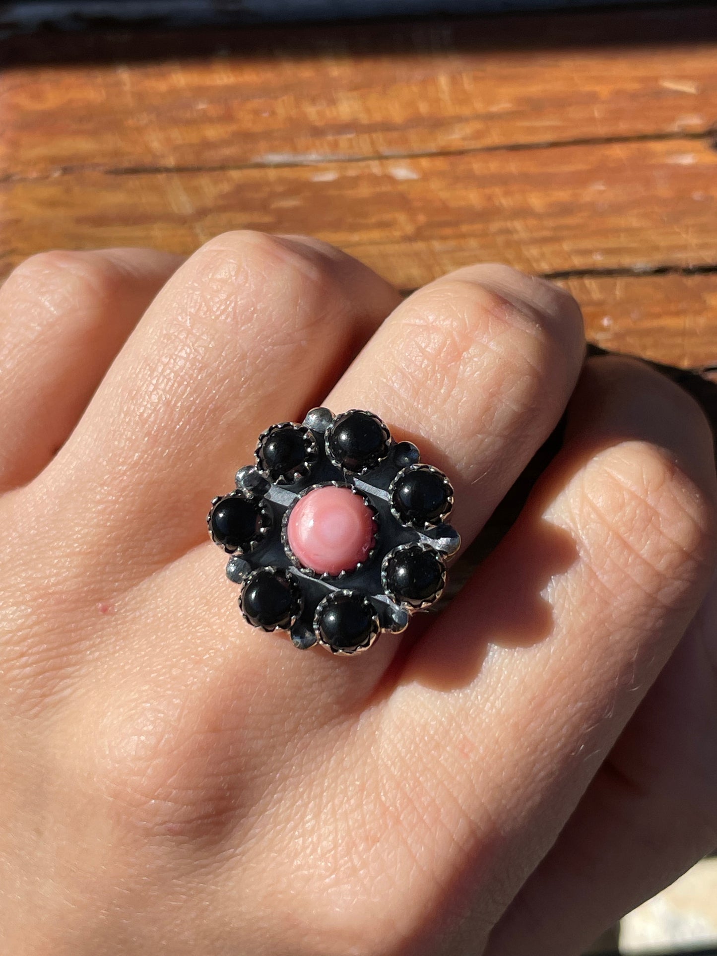 Pink Conch & Black Onyx Ring Size 6.75 | 925 Sterling Silver B937
