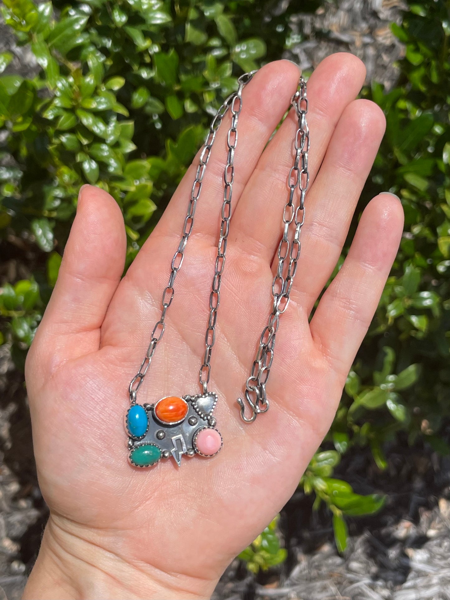 Spiny Oyster, Turquoise & Pink Conch Lightning Necklace | 925 Sterling Silver D161