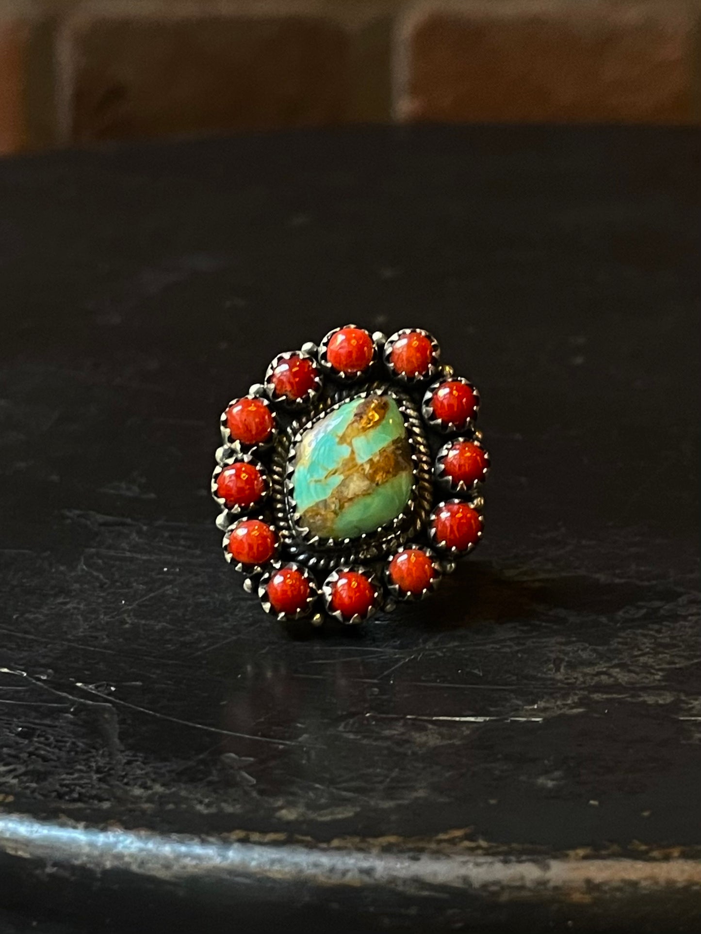 Coral Cluster Ring with Kingman Turquoise | Sterling Silver | Size 7 | A197