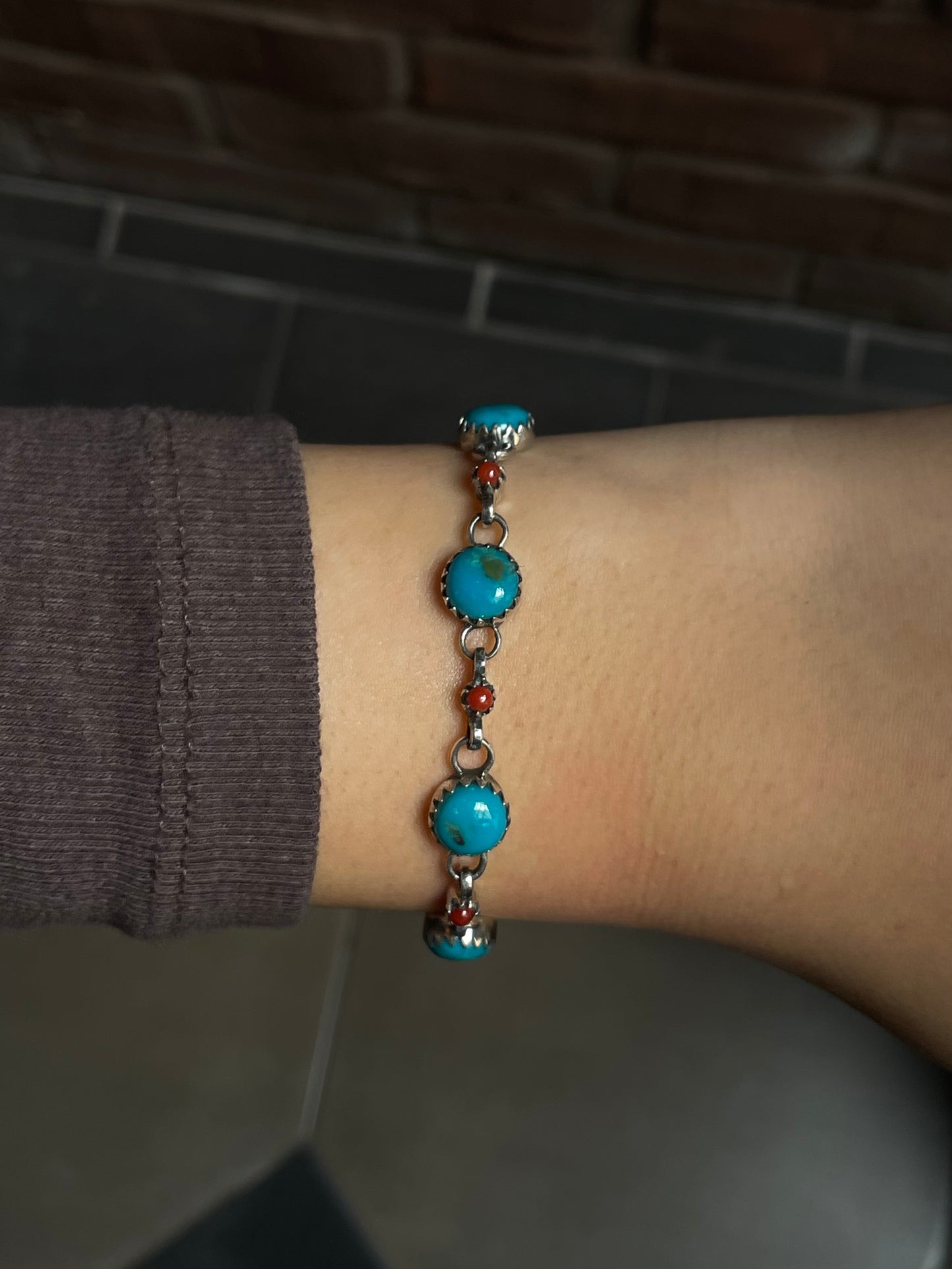 Kingman Turquoise Coral Link Bracelet | 925 Sterling Silver E105