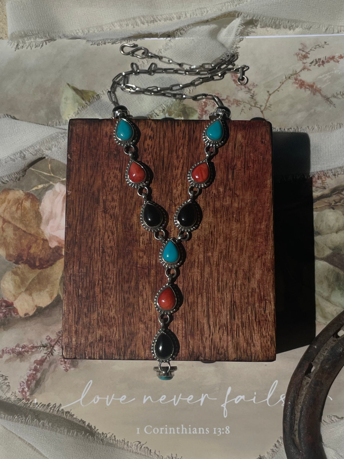 Turquoise Coral & Black Onyx Lariat Necklace | 925 Sterling Silver D237