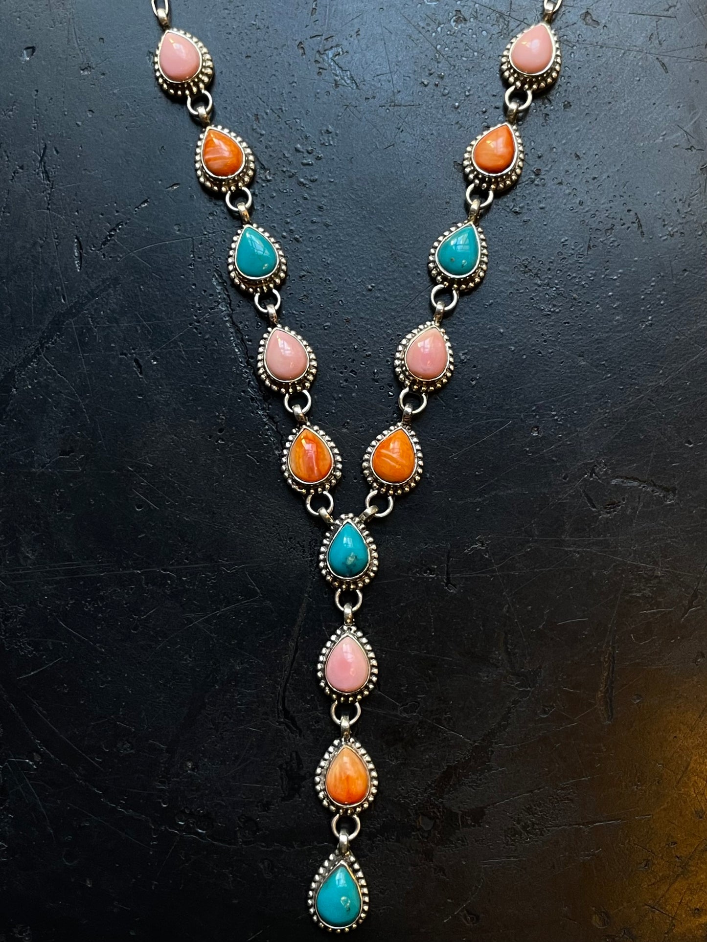 Turquoise Pink Conch Spiny Oyster Lariat Necklace | Sterling Silver E937