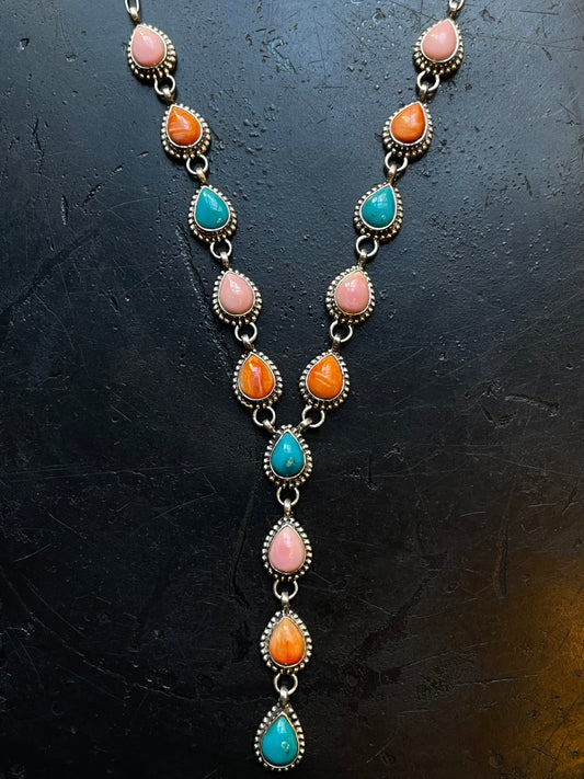 Turquoise Pink Conch Spiny Oyster Lariat Necklace | Sterling Silver E937