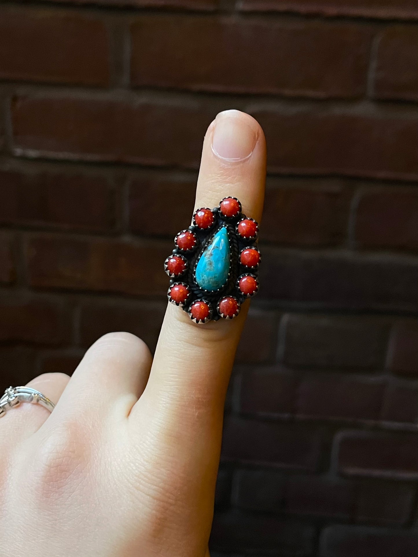 Kingman Turquoise Coral Cluster Ring | Sterling Silver | Size 6 | A172
