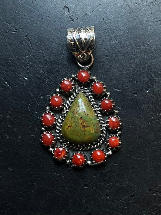Green Turquoise Coral Cluster Pendant | 925 Sterling Silver E525
