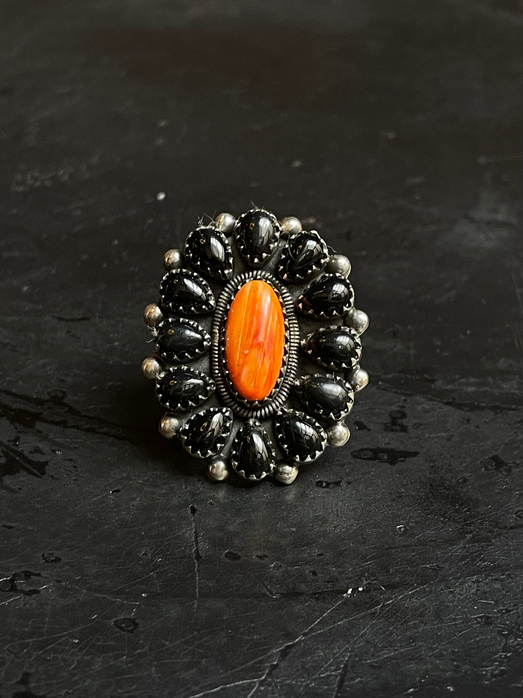 Spiny Oyster Black Onyx Cluster Ring Size 7.5 | 925 Sterling Silver E155